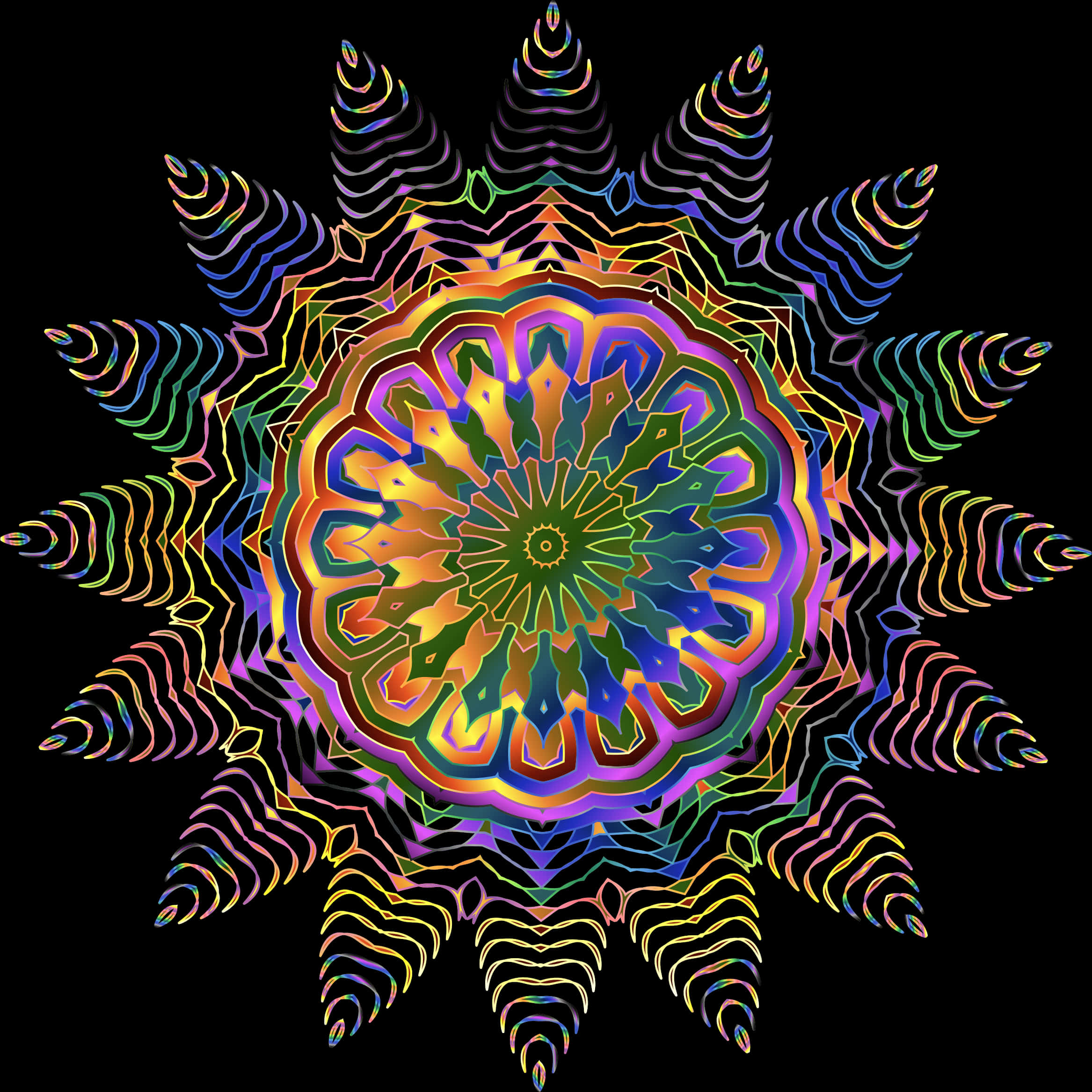 Graphics Design 桌布 壁紙 — 一個光芒四射的數位曼陀羅在純黑背景上綻放出鮮豔的彩虹色調，呈現複雜的幾何圖案和對稱的太陽光線。