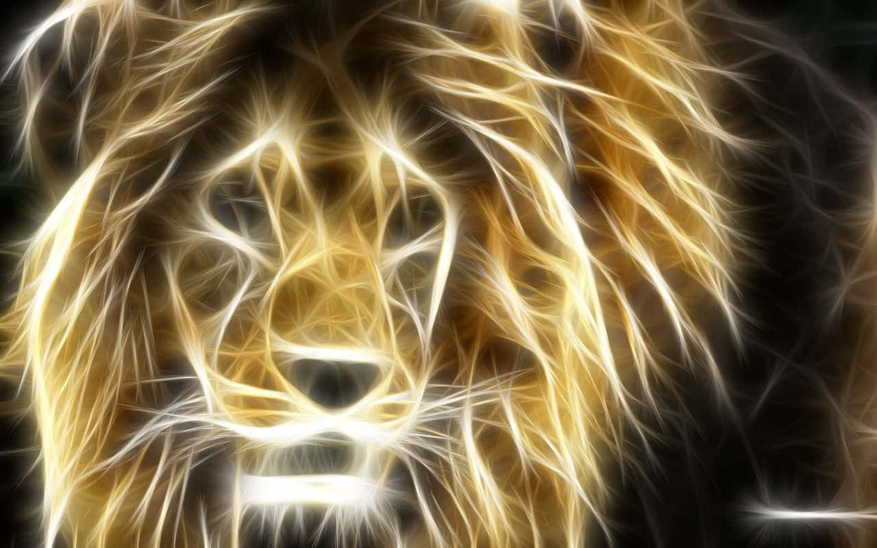 Lion Head 桌布 壁紙 — 一個光芒四射的獅子臉從發光的金色絲線中浮現，背景為深色。