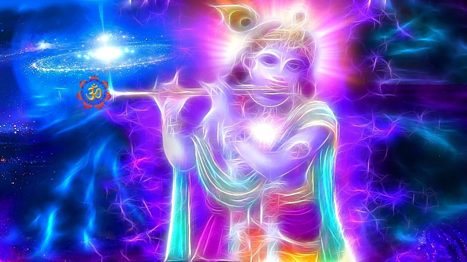 krishna bhagwan 桌布 壁紙 — 一個光芒四射的神聖人物在宇宙能量和旋轉星雲中吹奏長笛，呈現鮮豔的霓虹色調。