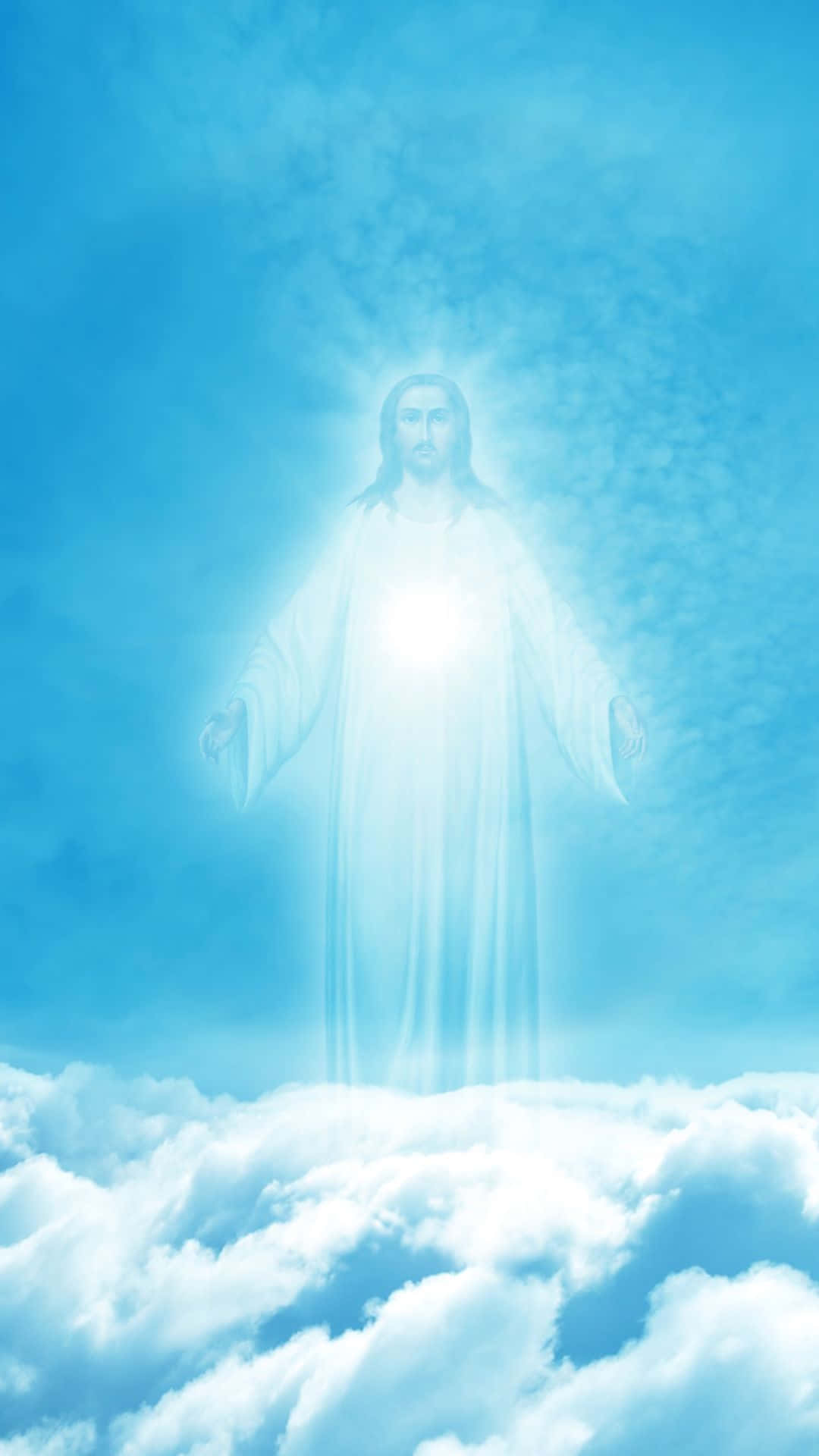 Jesus In Heaven 桌布 壁紙 — 一個光芒四射的神聖人物張開雙臂，從蓬鬆的白雲中浮現，背景是寧靜的藍天。