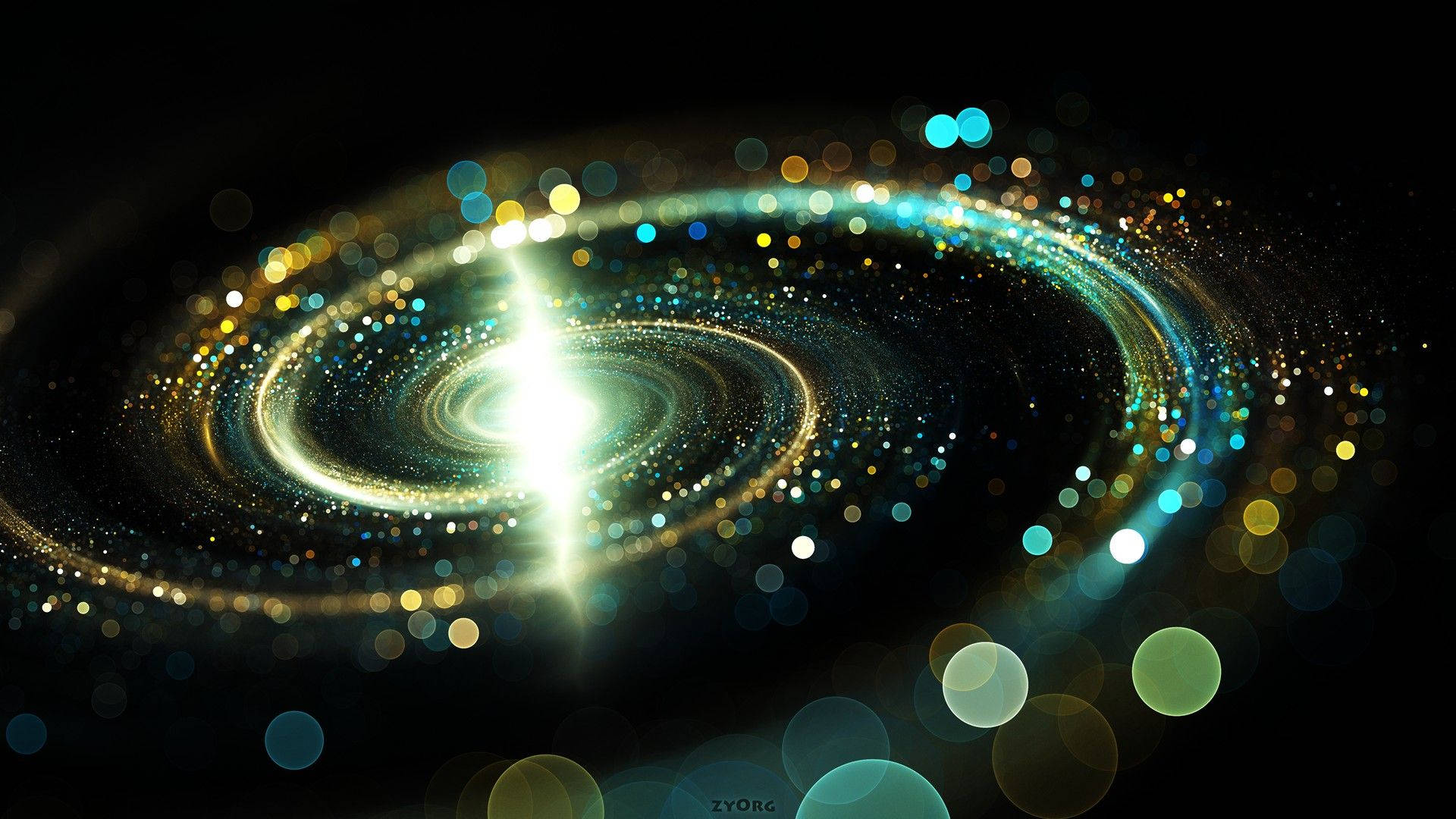 科學 桌布 壁紙 — 一個光芒四射的螺旋星系在黑暗的宇宙背景下閃耀著金色和藍綠色的光芒，背景點綴著散景星星。