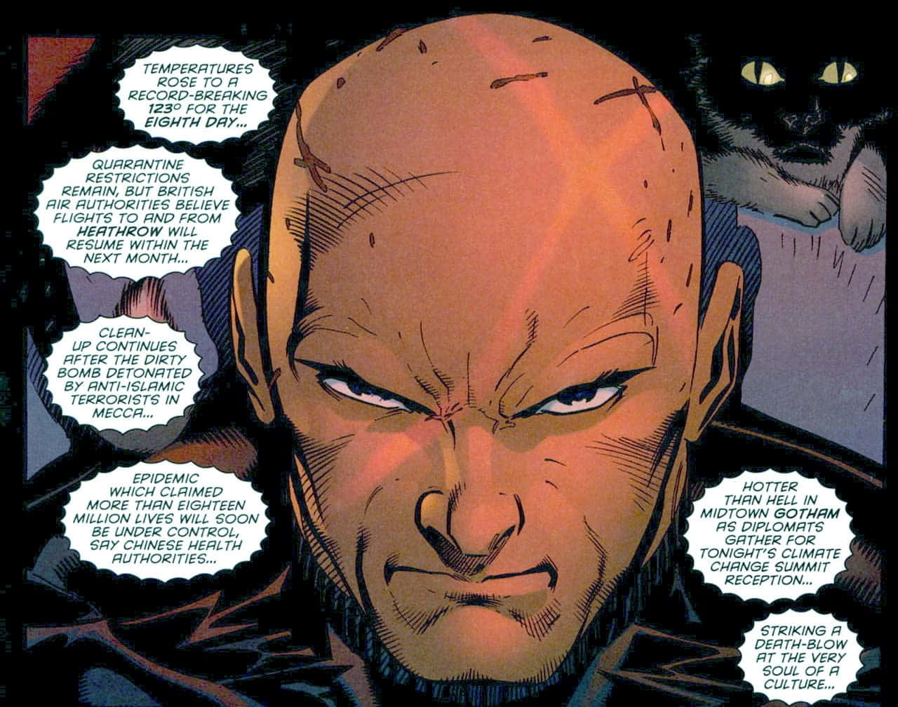 Grant Morrison 桌布 壁紙 — 一個光頭、有疤痕、表情憤怒的男人，被關於全球危機的新聞標題和一隻有發光眼睛的陰影貓包圍，他正凝視著。