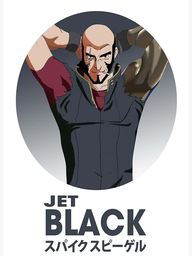 Cowboy Bebop Jet Black 桌布 壁紙 — 一個光頭、留著山羊鬍、眼神銳利的動漫角色在圓形框架內彎曲手臂。