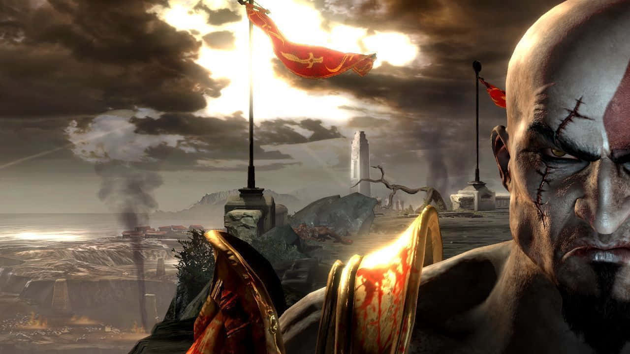 God Of War 3 桌布 壁紙 — 一個光頭、臉上帶有疤痕、手持血染戰斧的戰士，站在風暴天空下、紅旗飄揚的廢墟戰場上。