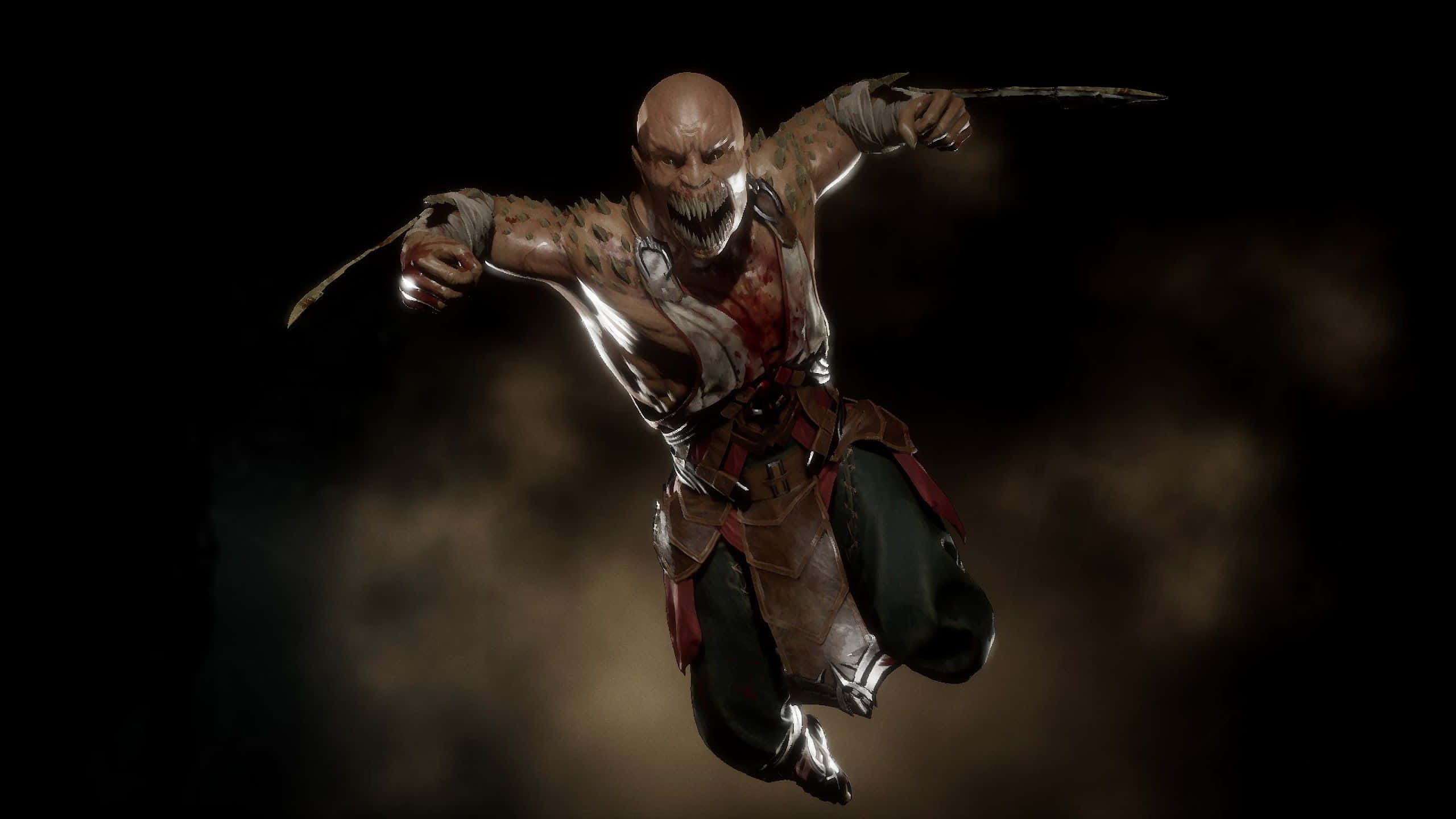 Mortal Kombat Baraka 桌布 壁紙 — 一個光頭、血跡斑斑、長著尖牙的戰士，在煙霧瀰漫的黑暗背景中，手持兩把彎刀騰空躍起。