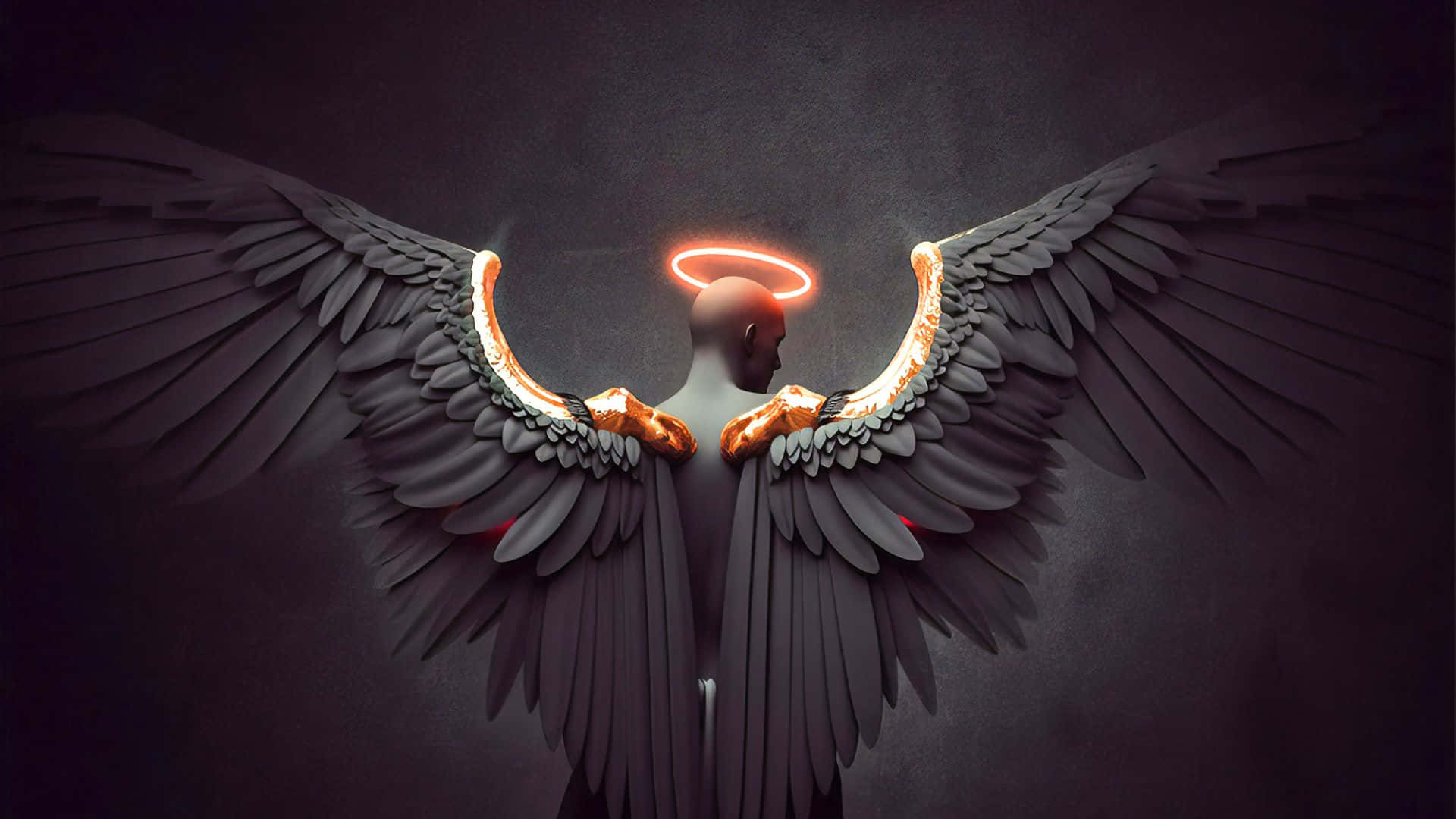 Angel Wings 桌布 壁紙 — 一個光頭人物，擁有巨大的黑色翅膀和發光的橙色光環，背光站在煙霧瀰漫的黑暗背景前。