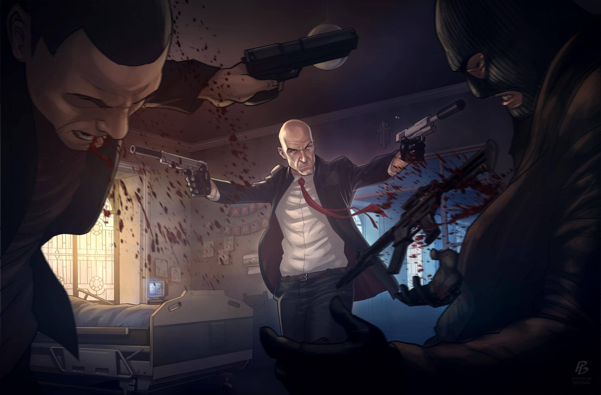 hitman absolution HD 桌布 壁紙 — 一個光頭刺客在黑暗的房間裡槍殺兩名蒙面男子，鮮血濺到牆壁和天花板上。
