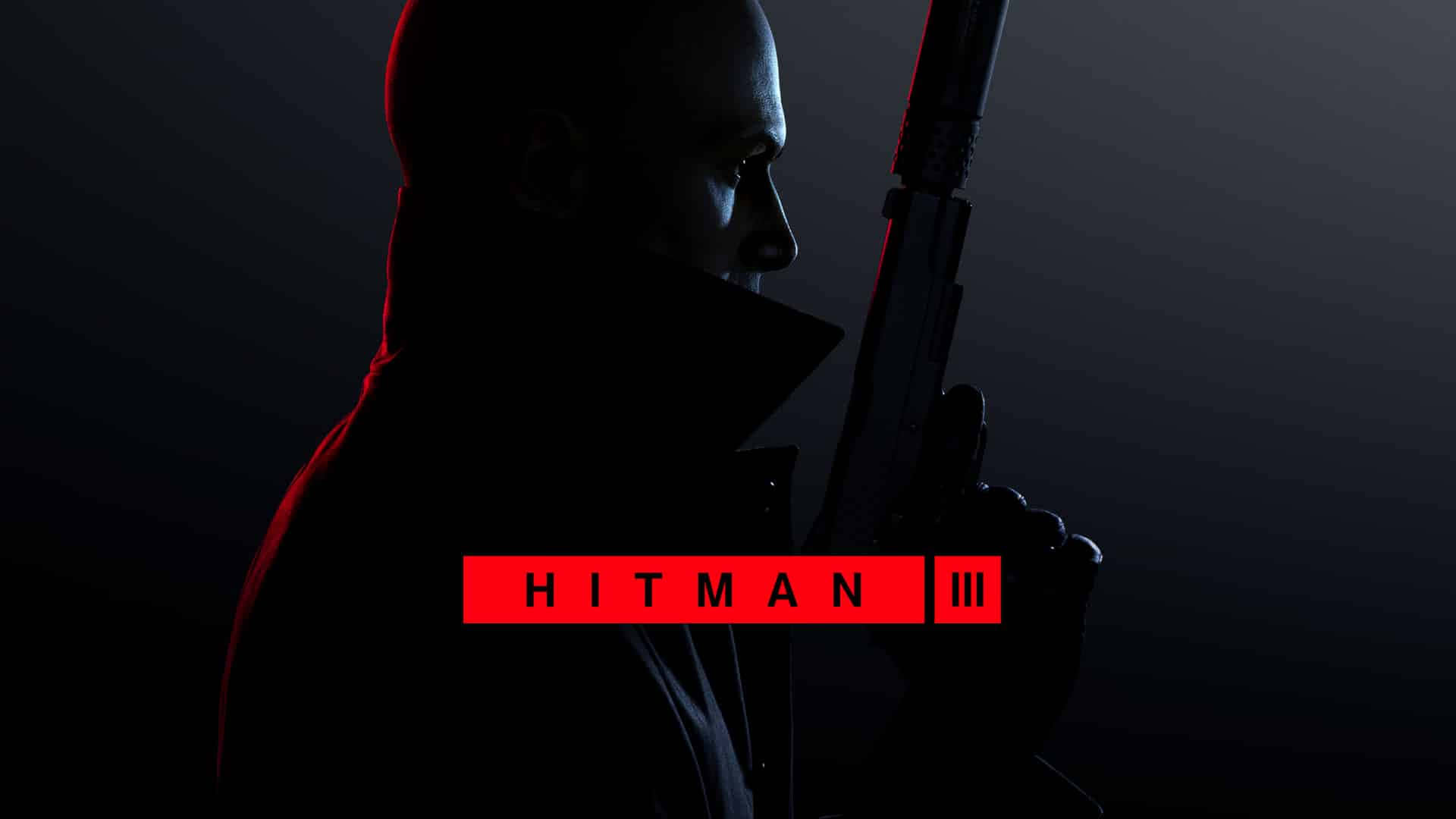 1920x1080 Hitman 2 桌布 壁紙 — 一個光頭刺客穿著深色外套，手持步槍，背景為漸變色，帶有紅色發光文字「HITMAN III」的剪影。