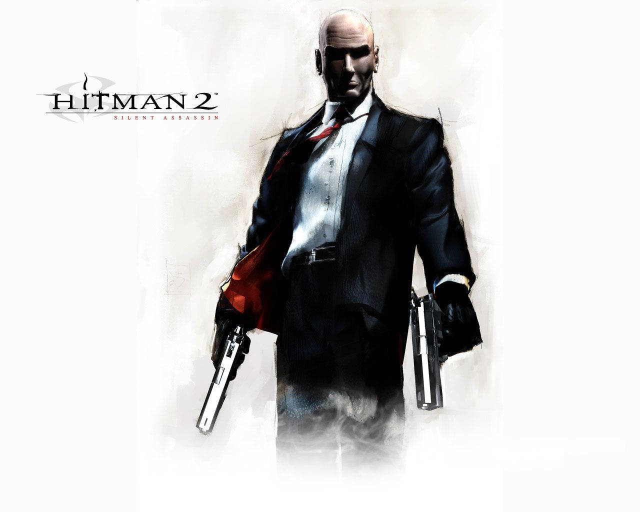 Hitman Agent 47 桌布 壁紙 — 一個光頭刺客穿著深色西裝，在煙霧瀰漫的白色背景上手持兩把手槍，並帶有遊戲標題文字。