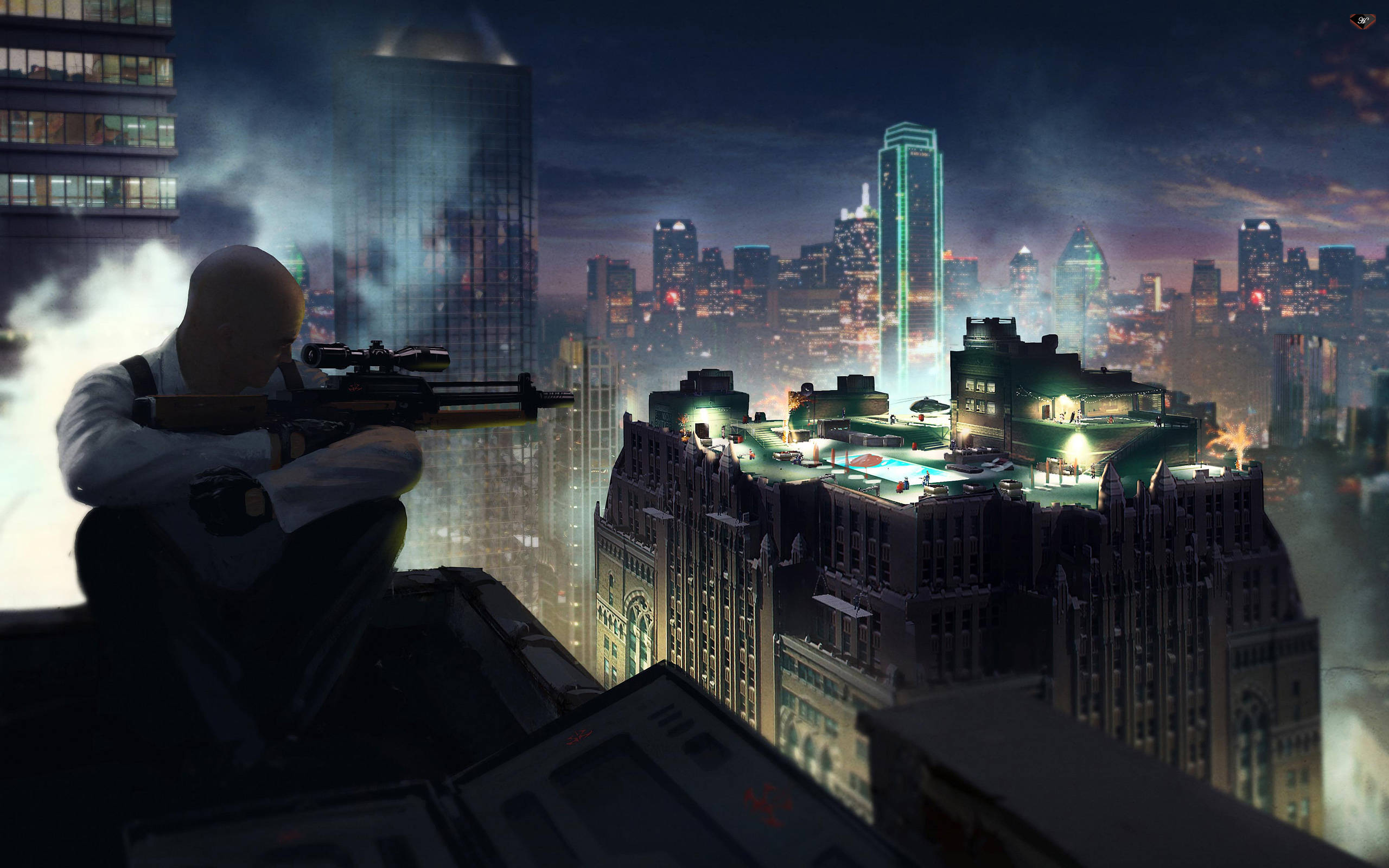 hitman absolution HD 桌布 壁紙 — 一個光頭刺客穿著白襯衫，在黃昏時分從一個俯瞰霓虹燈照亮城市景觀的屋頂上瞄準狙擊步槍。