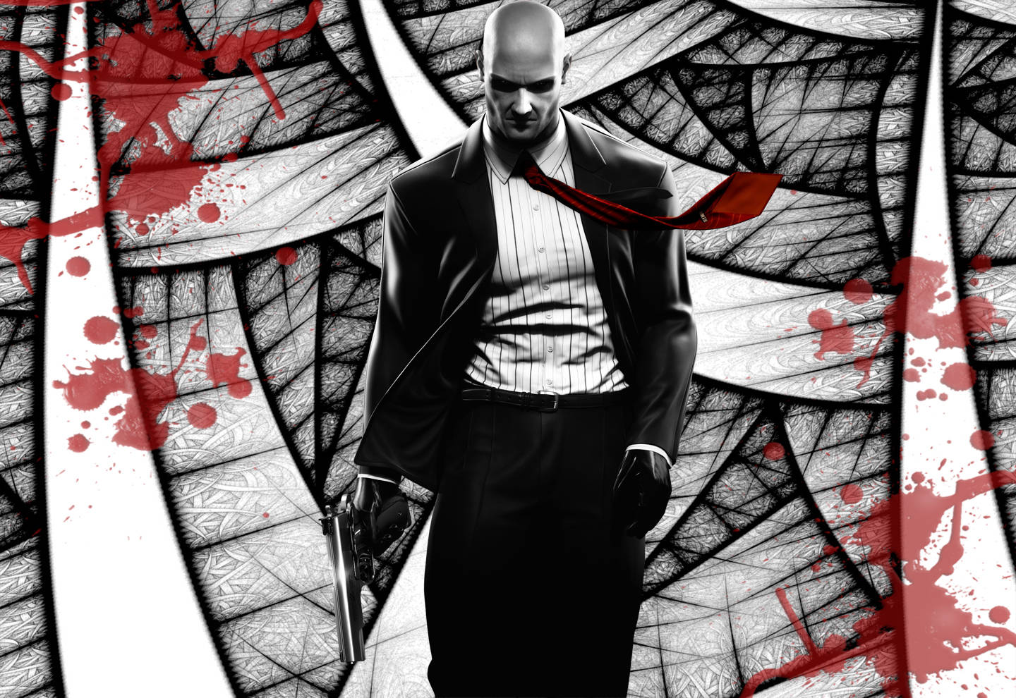 hitman iPhone 桌布 壁紙 — 一個光頭刺客穿著黑色西裝，在濺滿紅色鮮血的破碎玻璃背景前持槍。