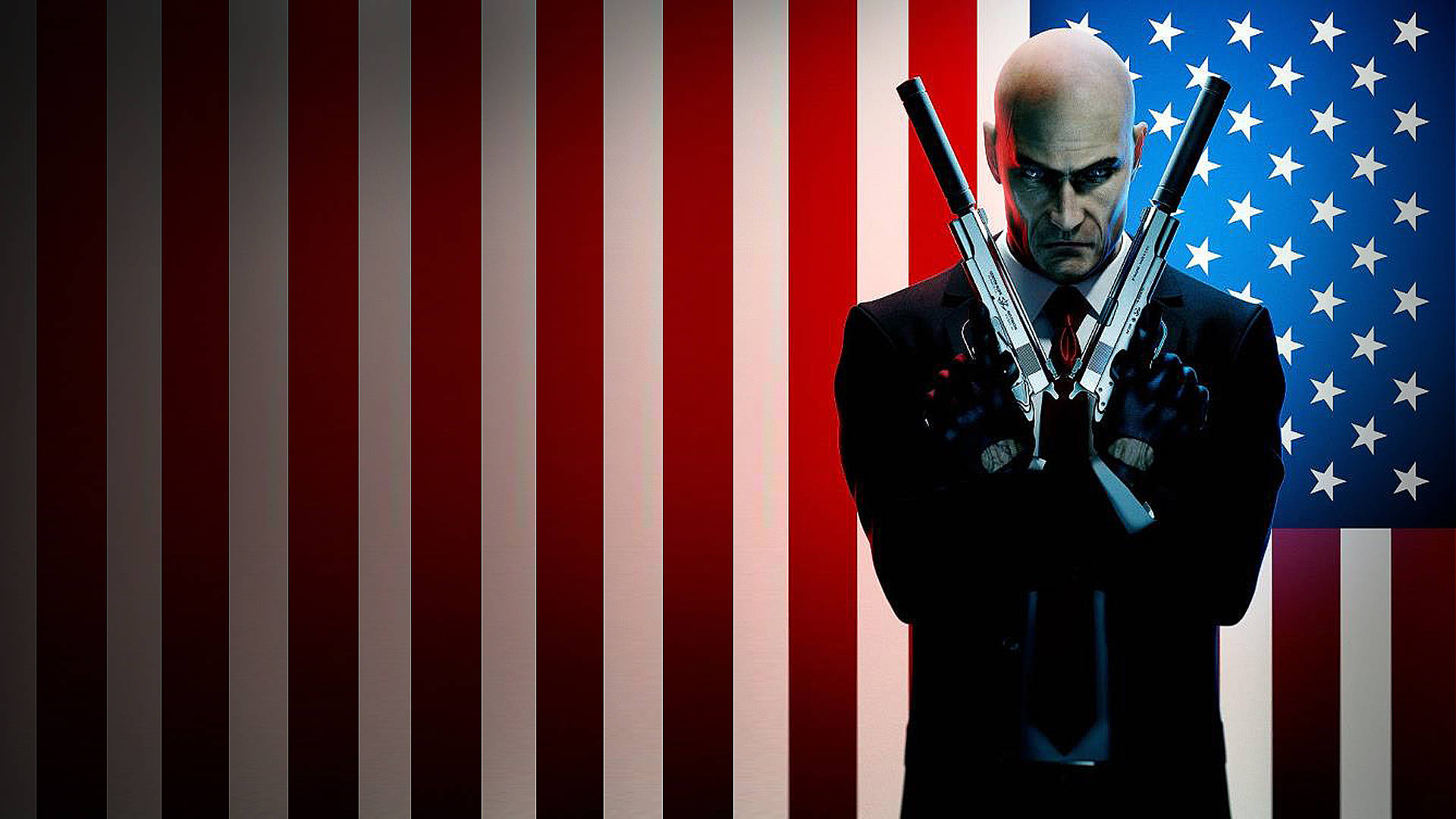 hitman absolution HD 桌布 壁紙 — 一個光頭刺客穿著黑色西裝，在風格化的美國國旗背景前交叉握著兩把手槍。