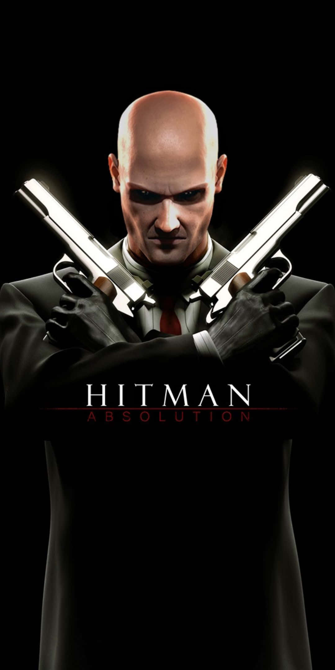 Pixel 3 Hitman Absolution 桌布 壁紙 — 一個光頭刺客穿著黑色西裝，在黑暗背景前將兩把銀色手槍交叉在胸前。