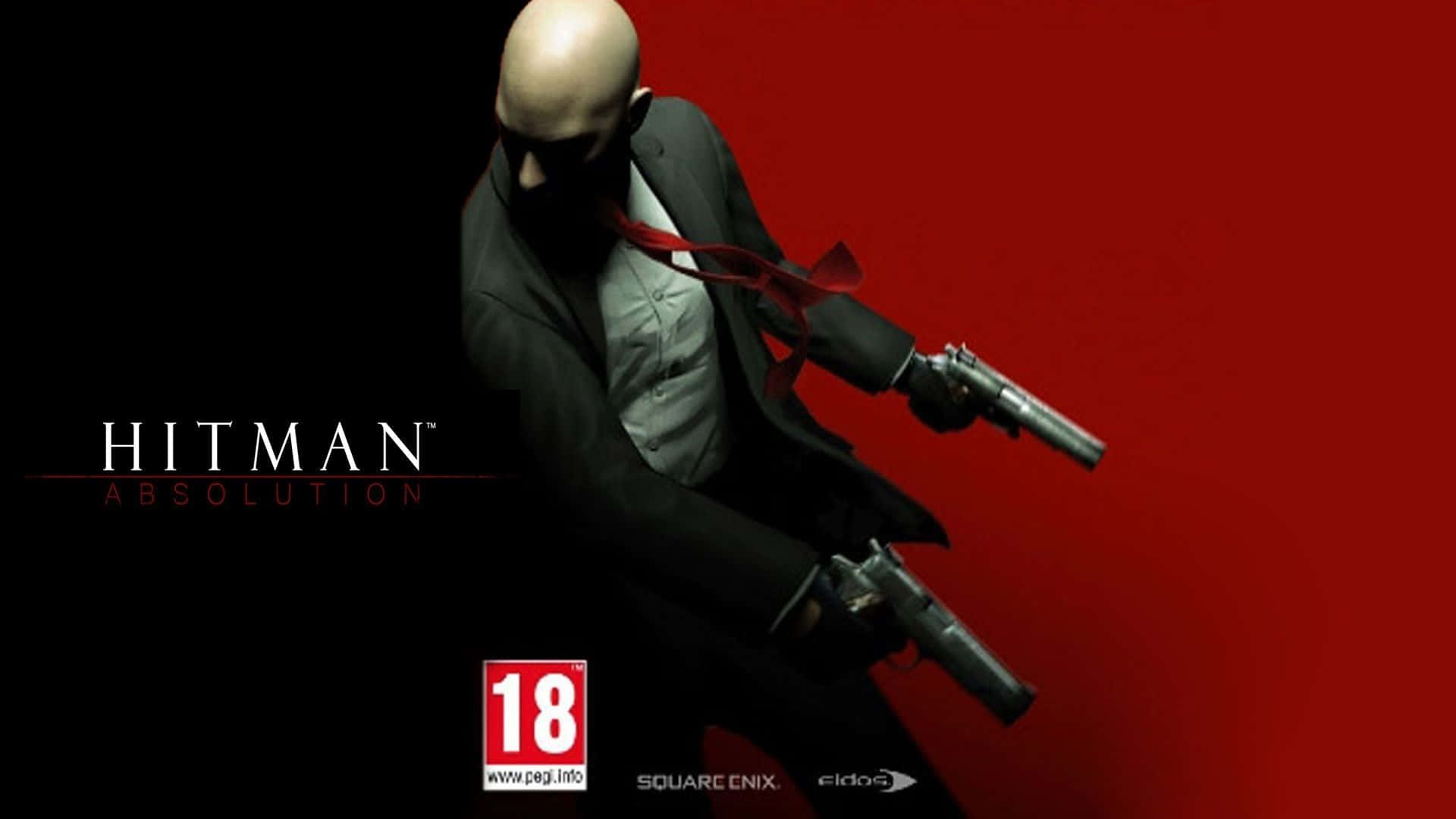 1920x1080 Hitman Absolution 桌布 壁紙 — 一個光頭刺客穿著黑色西裝，手持兩把手槍，背景為鮮明的紅色和黑色，並有遊戲標題和評級。