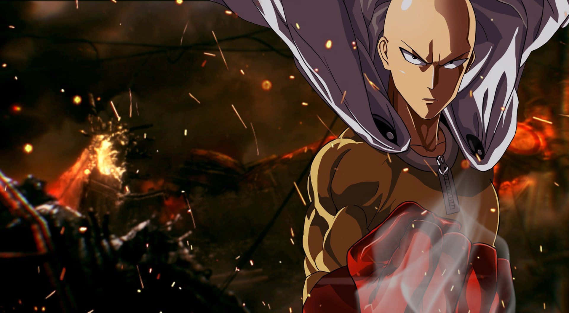 One Punch Man Season 2 桌布 壁紙 — 一個光頭動漫戰士，身穿棕色外套和紅色手套，在火花四濺的火焰戰場上向前衝鋒。