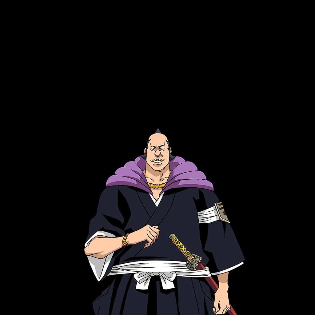 Marechiyo Omaeda 桌布 壁紙 — 一個光頭動漫武士，身穿紫色斗篷，手持劍，站在黑色背景前，表情嚴肅。