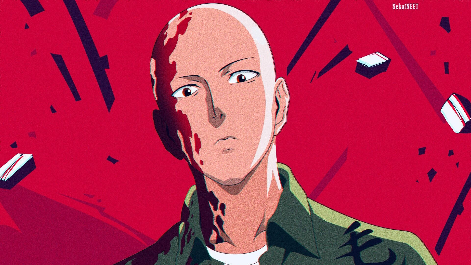 動漫角色臉上帶血，背景為破碎的紅色。 — 一拳超人 GIF 壁紙