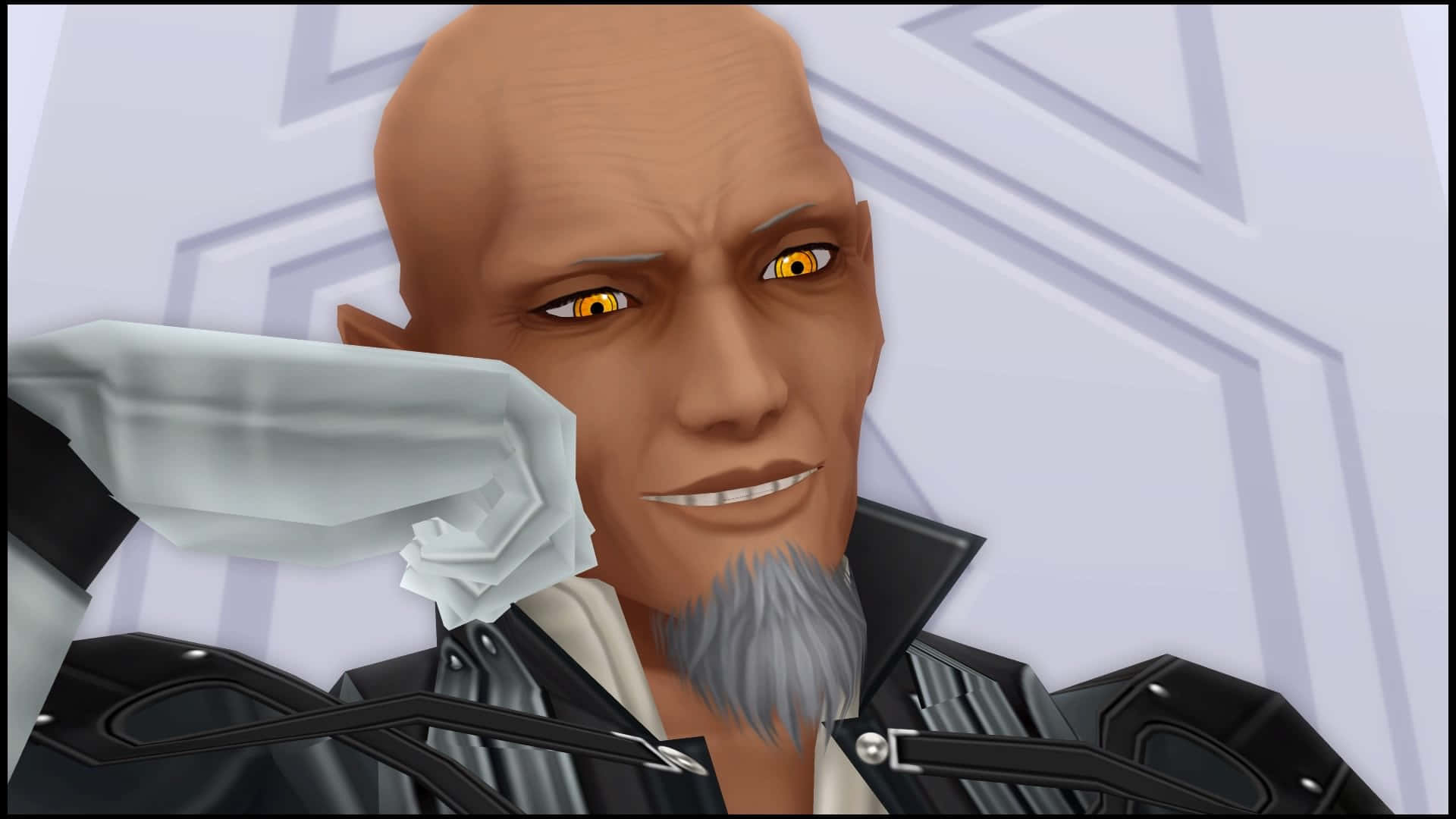 Kingdom Hearts Xehanort 桌布 壁紙 — 一個光頭動漫男子，擁有發光的黃色眼睛和灰色鬍鬚，身穿黑色盔甲，背景為白色幾何圖案。