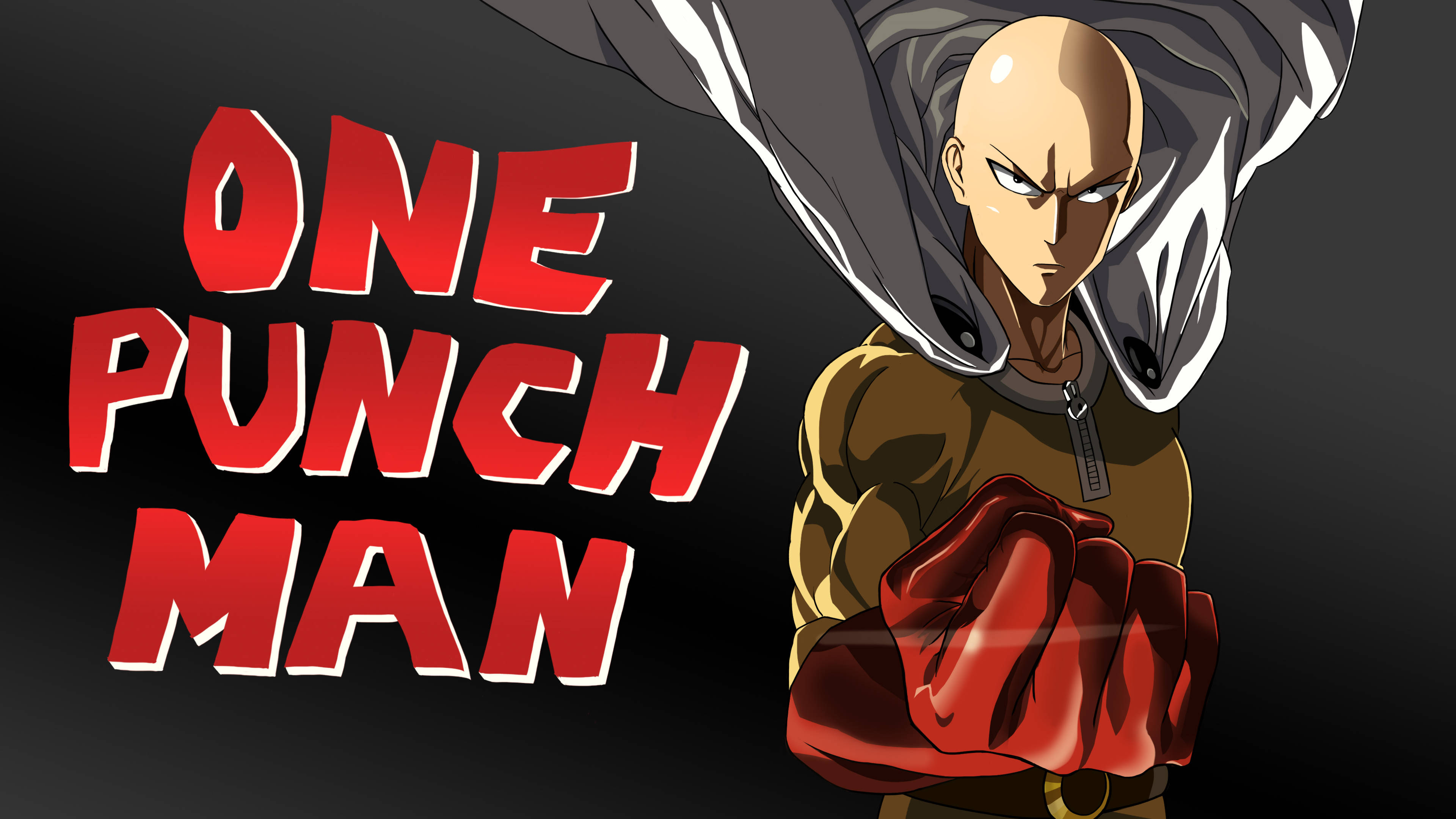 Saitama 桌布 壁紙 — 一個光頭動漫英雄，身穿棕色外套和紅色手套，在深色背景上帶有粗體紅色「ONE PUNCH MAN」文字，以兇猛的表情準備就緒。