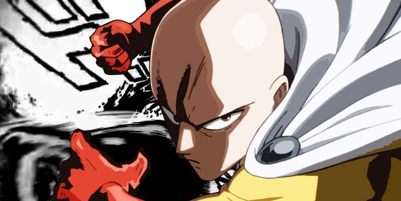 One Punch Man Season 2 桌布 壁紙 — 一個光頭動漫英雄，身穿白色斗篷和黃色襯衫，在動態的黑白背景下，緊握拳頭，神情專注。