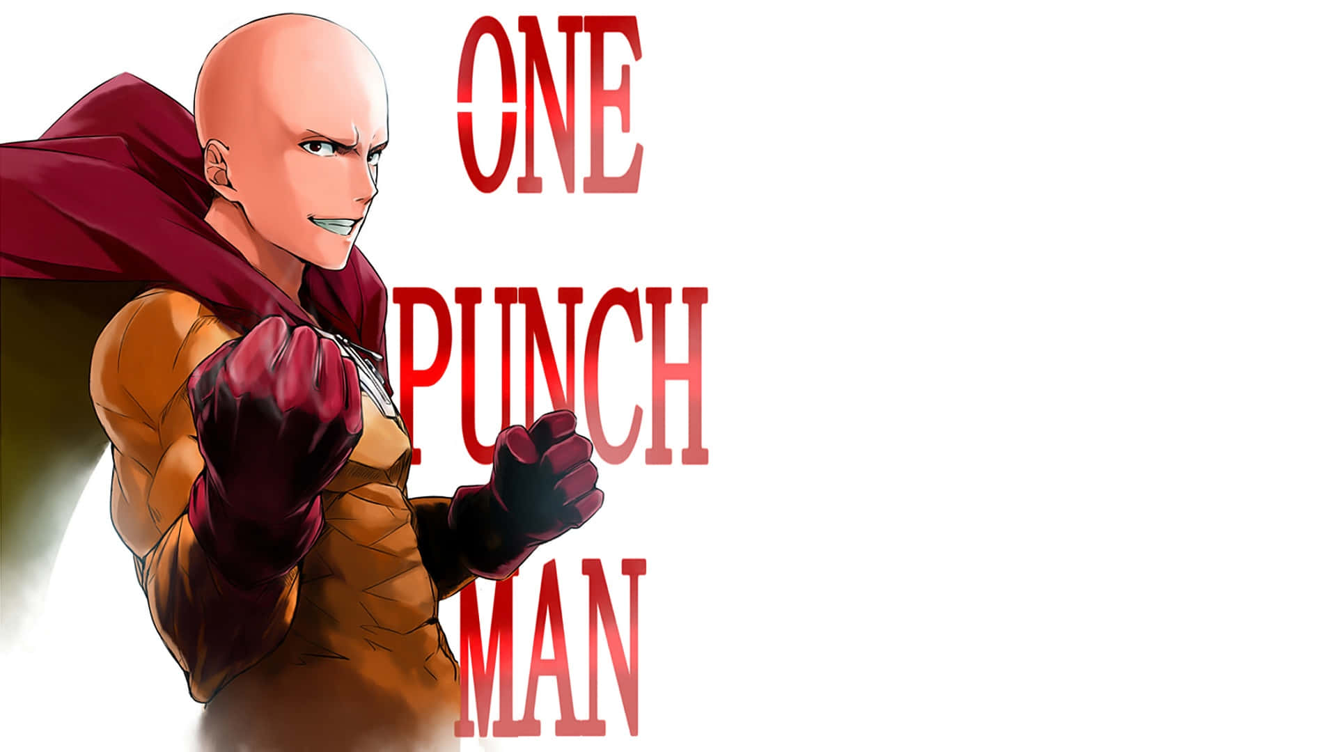 One Punch Man Minimalist 桌布 壁紙 — 一個光頭動漫英雄，身穿紅色斗篷和橙色西裝，在粗體紅色的「ONE PUNCH MAN」文字旁邊擺出強有力的姿勢。