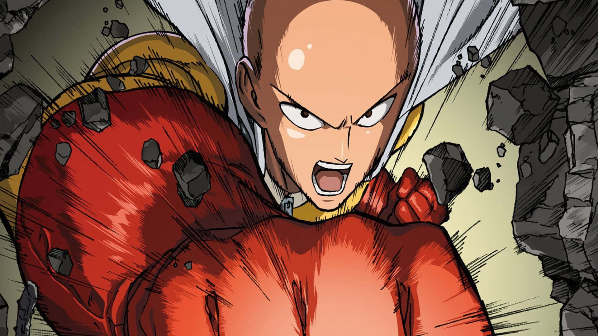 One Punch Man Season 2 桌布 壁紙 — 一個光頭動漫英雄穿著紅色西裝，以強烈的憤怒和動態動作線條擊穿石頭。