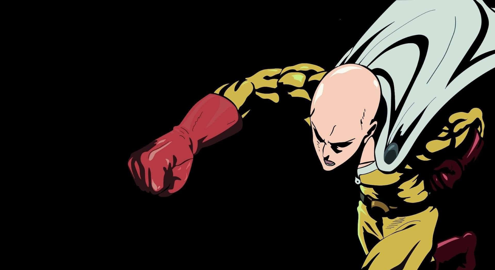 One Punch Man Season 2 桌布 壁紙 — 一個光頭動漫英雄穿著黃色和紅色套裝，在帶有運動線條的黑色背景上向前出拳。