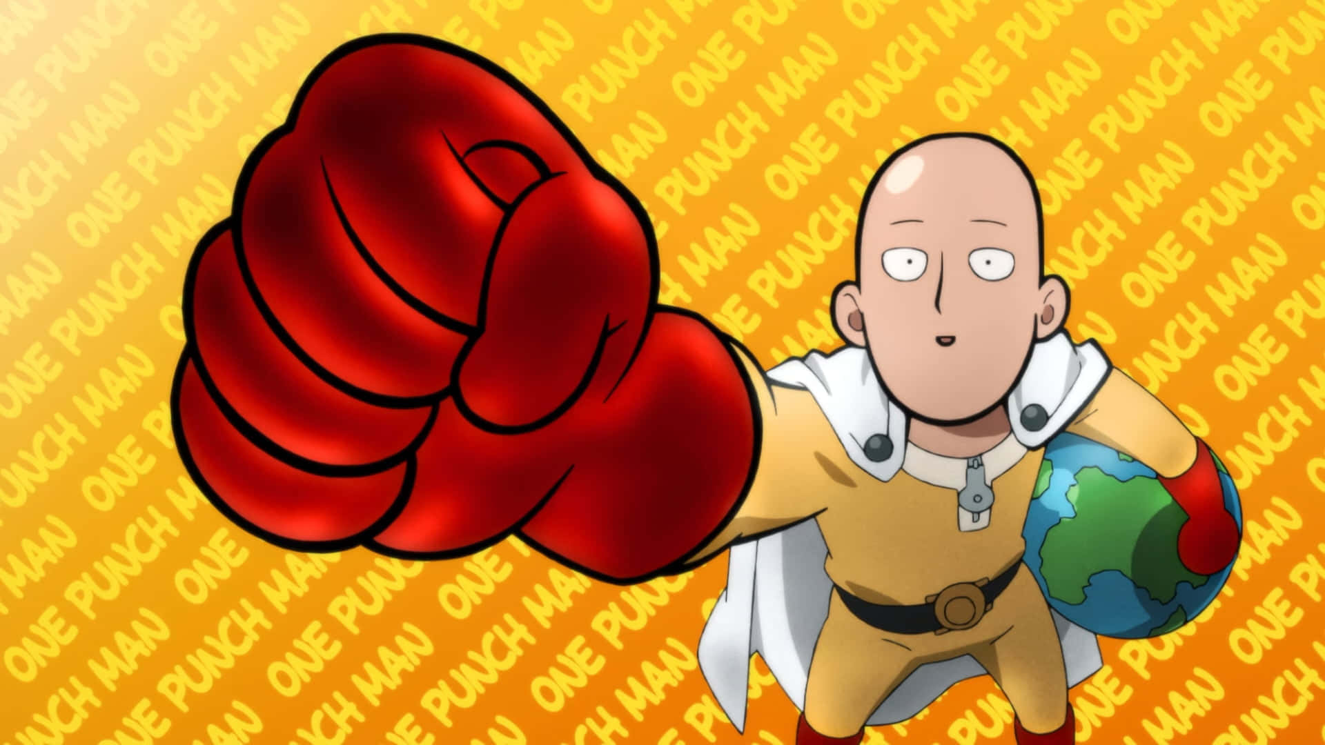 動漫角色埼玉向前出拳，同時拿著一個地球儀，背景是重複的標題。 — 一拳超人 GIF 壁紙