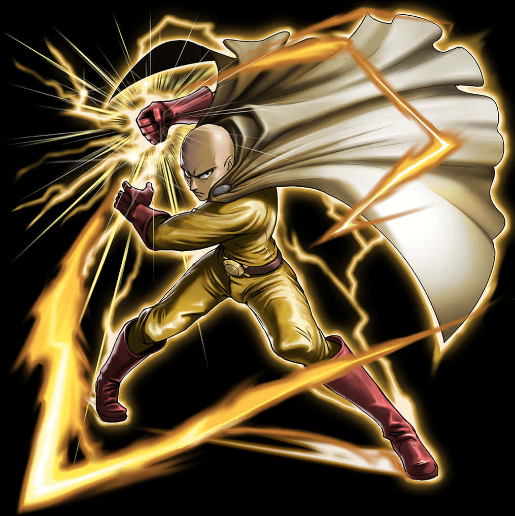 Saitama 桌布 壁紙 — 一個光頭動漫英雄穿著黃色西裝和斗篷，在黑色背景前揮拳，拳頭散發出閃爍的金色能量。