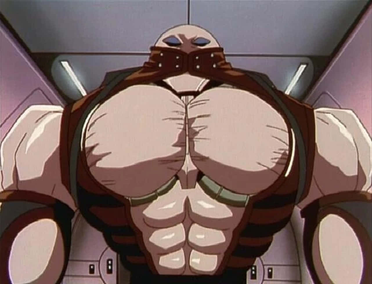 Trigun Gray The Ninelives 桌布 壁紙 — 一個光頭動漫角色，戴著面具和棕色背帶，向前凝視，擁有巨大的肌肉軀幹和清晰的腹肌。