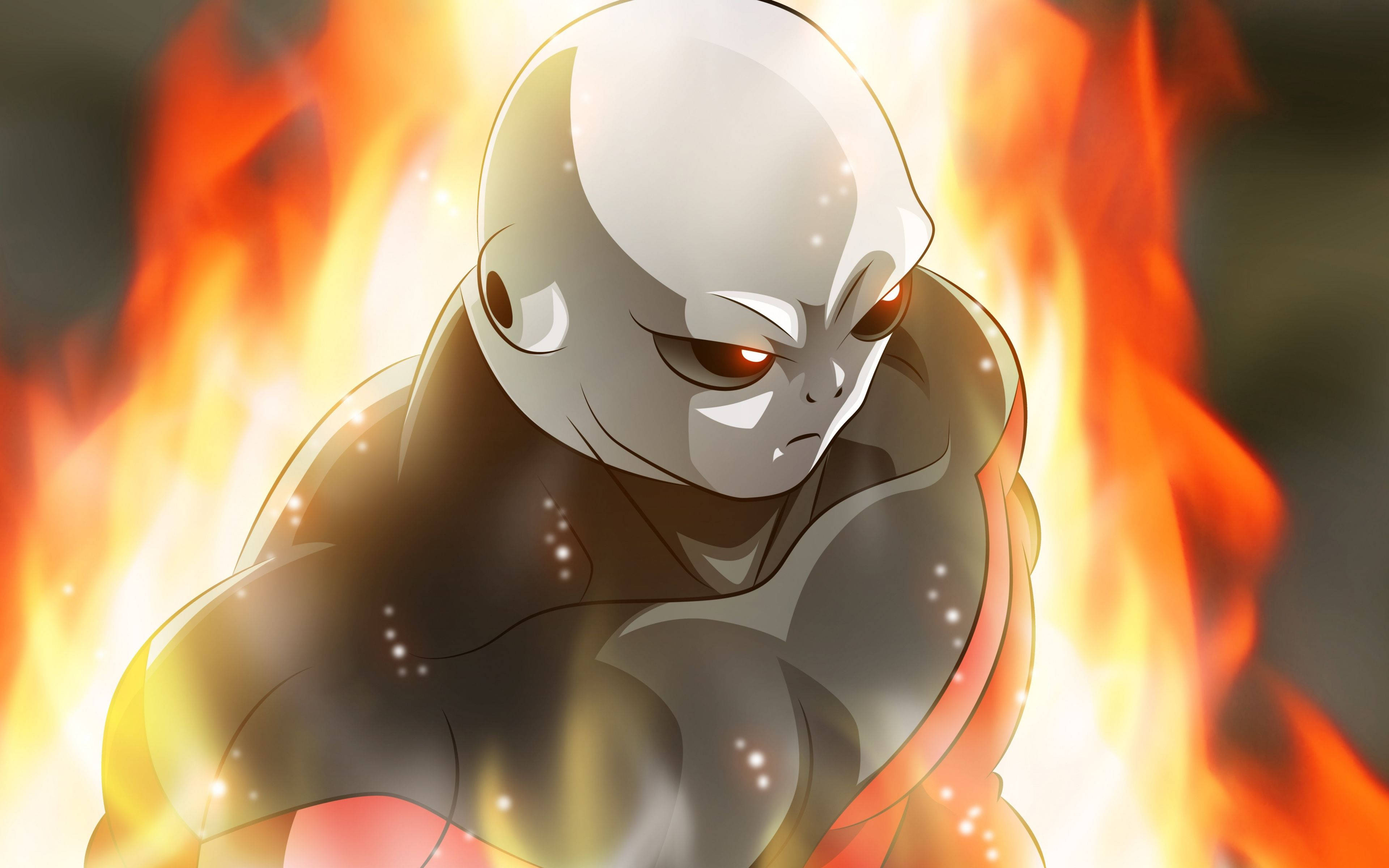 Fire Anime 桌布 壁紙 — 一個光頭動漫角色，擁有發光的紅色眼睛和肌肉發達的身材，挑釁地站在咆哮的橙色火焰中。