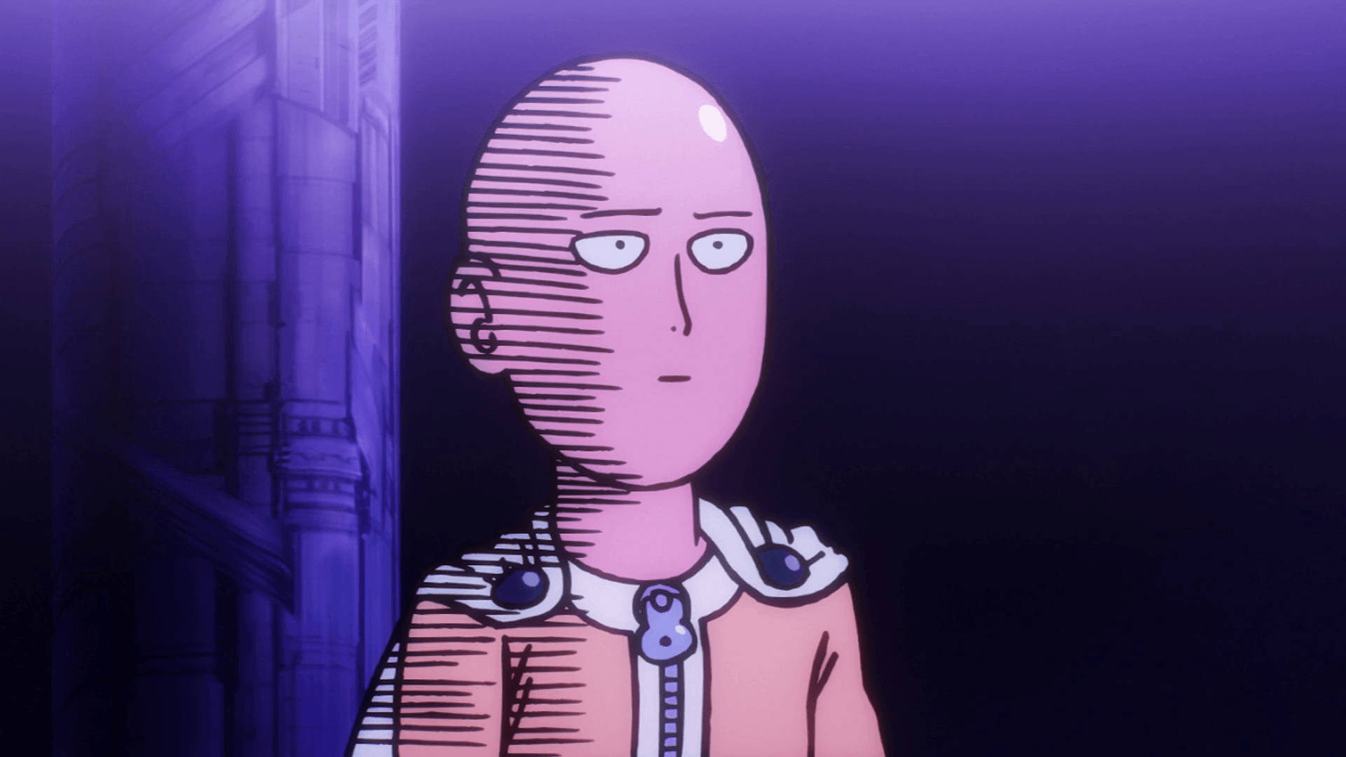 一拳超人 桌布 壁紙 — 一個光頭動漫角色，表情嚴肅，站在紫色燈光下昏暗的城市小巷中。