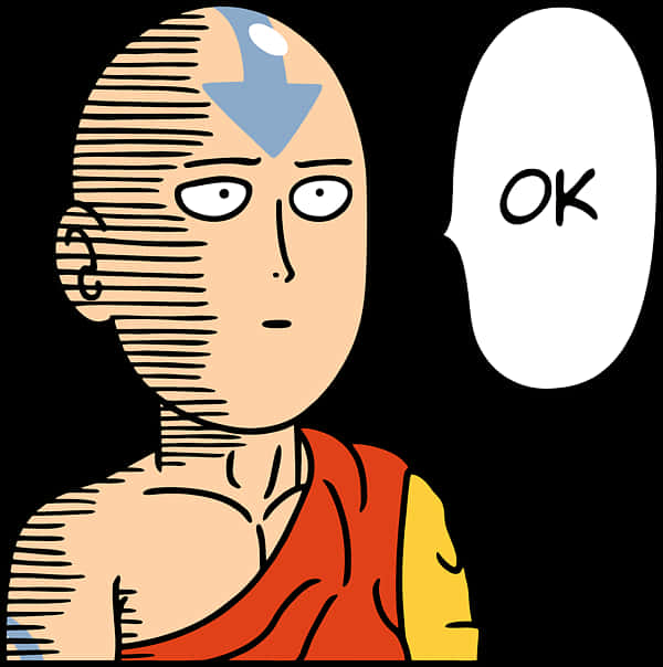 動漫 桌布 壁紙 — 一個光頭動漫角色，額頭上有藍色箭頭紋身，穿著紅黃長袍，在對話氣泡中說「OK」。