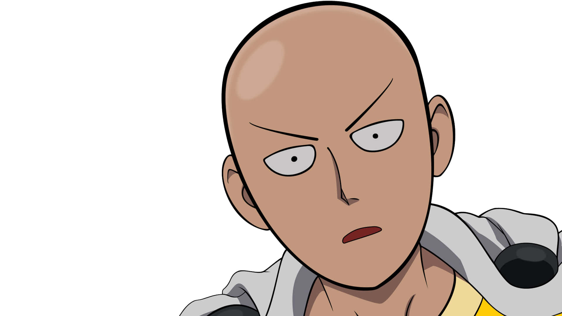 One Punch Man Minimalist 桌布 壁紙 — 一個光頭動漫角色帶著憤怒的表情，穿著灰色連帽衫，背景為純白色。