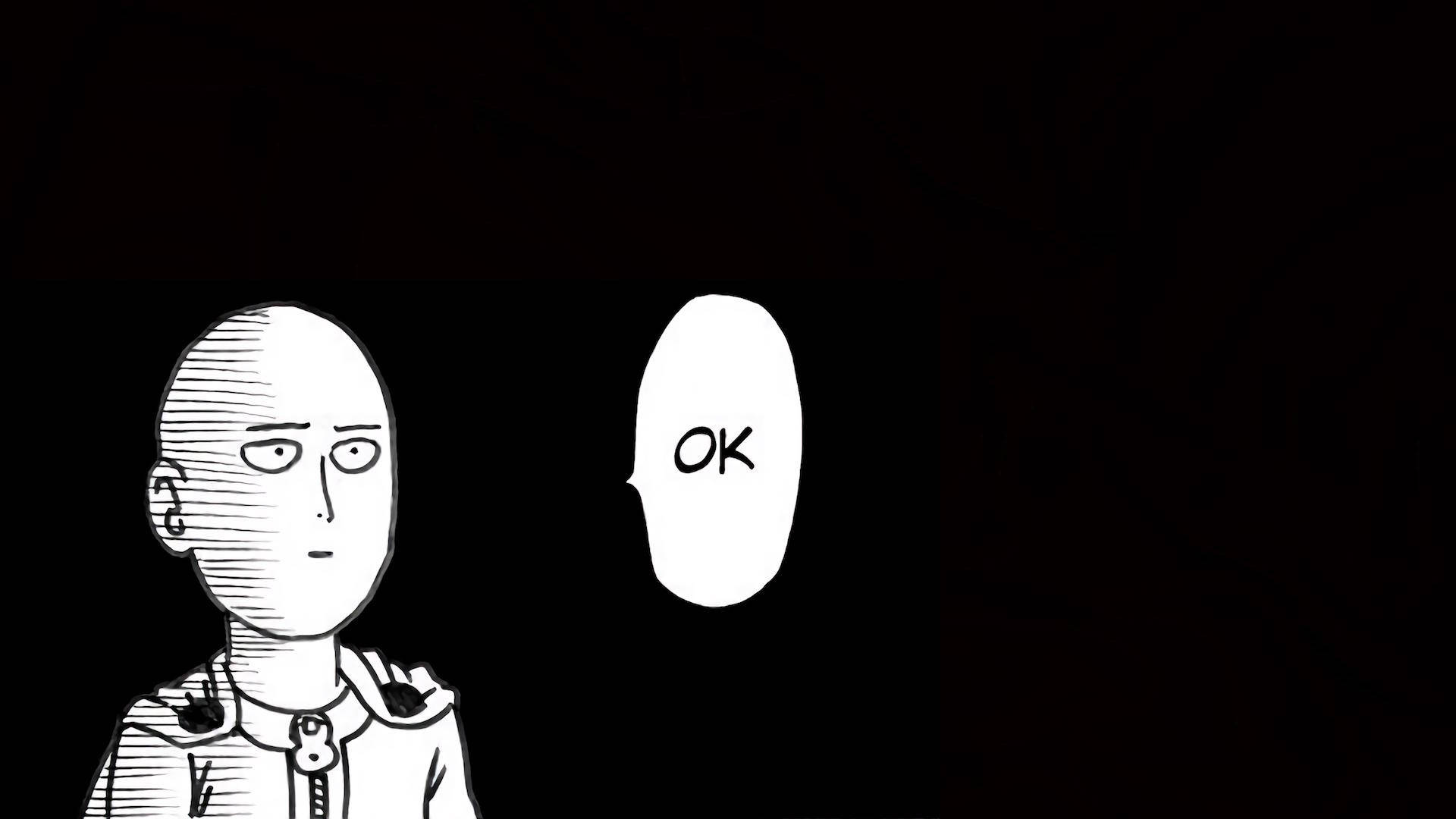 Saitama 桌布 壁紙 — 一個光頭動漫角色穿著制服，在黑色背景前點頭，並有一個對話框說OK。