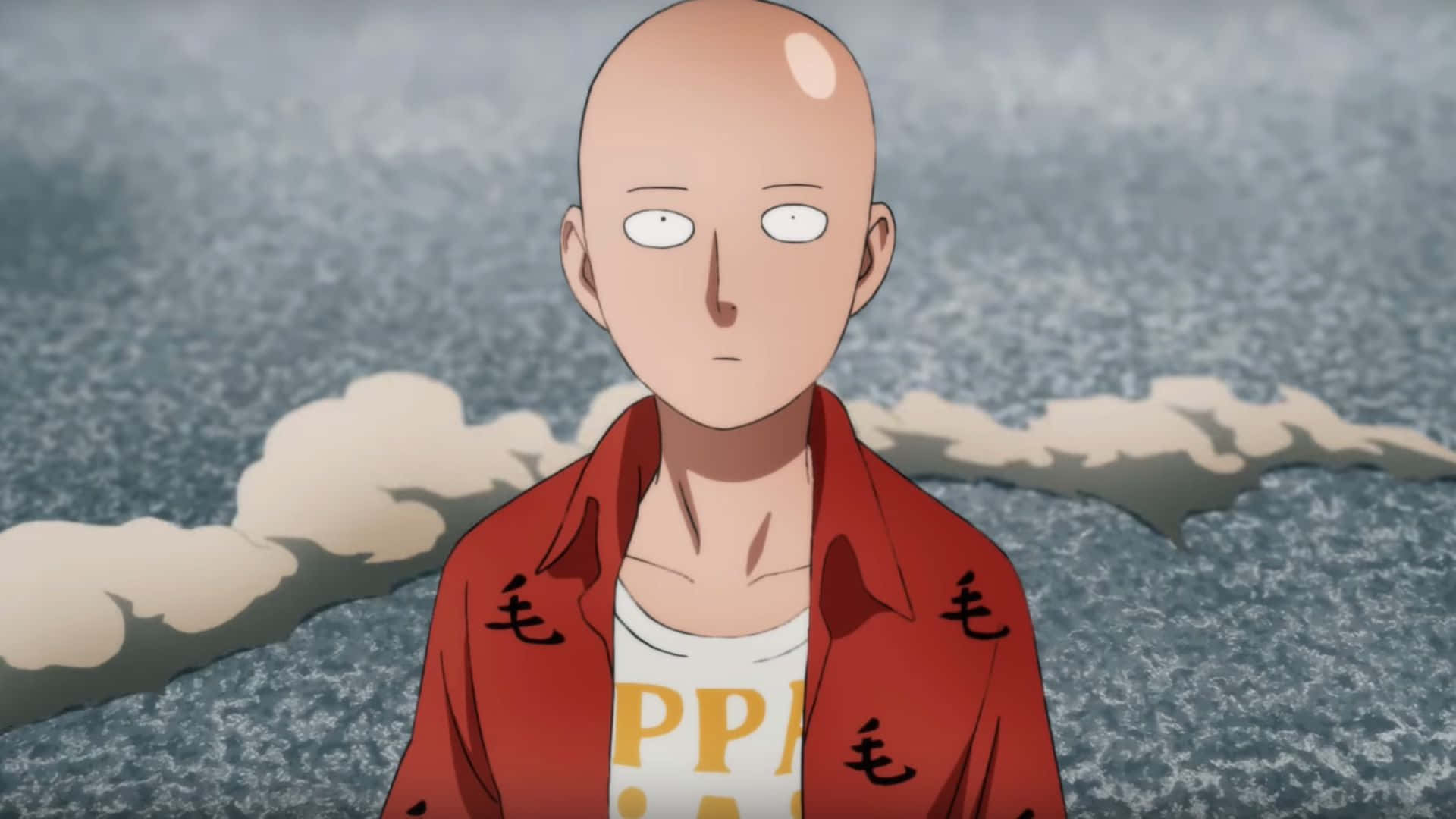 One Punch Man Season 2 桌布 壁紙 — 一個光頭動漫角色穿著紅色外套，平靜地站在暴風雨海洋背景前，伴隨著旋轉的雲層。
