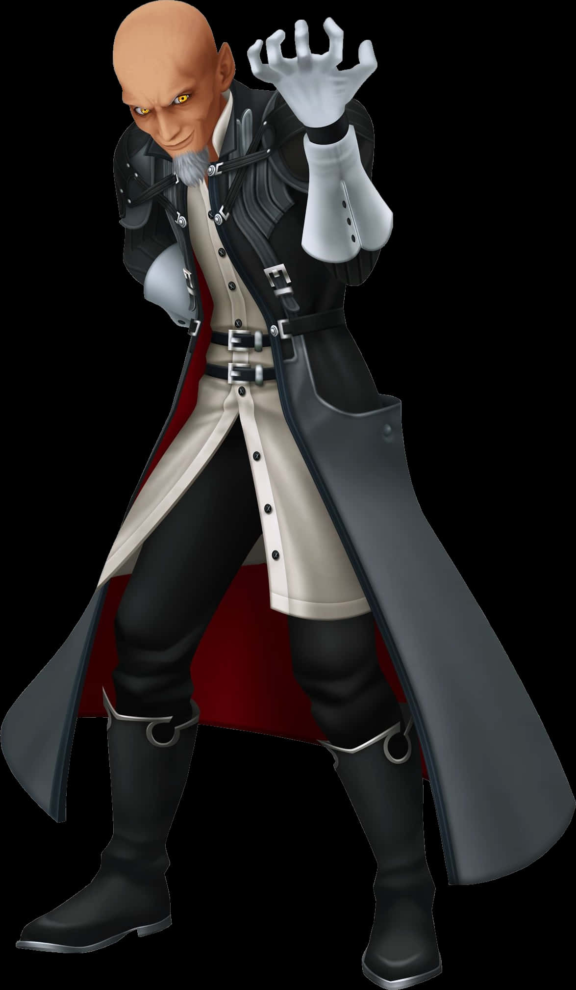 Kingdom Hearts Xehanort 桌布 壁紙 — 一個光頭動畫反派，有著發光的黃色眼睛和白色手套，穿著黑色和紅色外套擺出威脅姿勢。