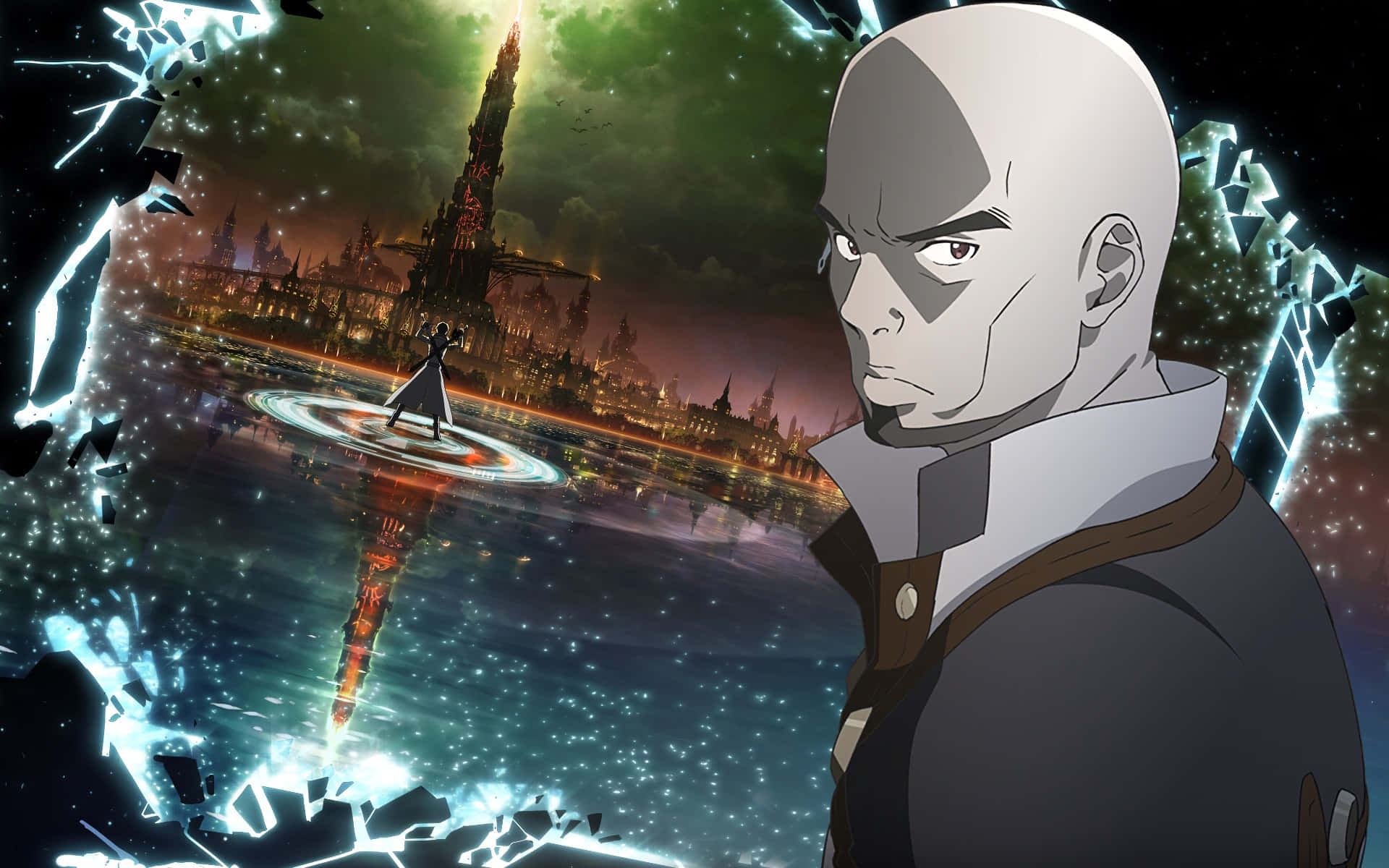 Andrew Gilbert Mills 桌布 壁紙 — 一個光頭動畫戰士專注地凝視著，一把發光的劍刺穿了奇幻城市景觀上方破碎的次元裂縫。