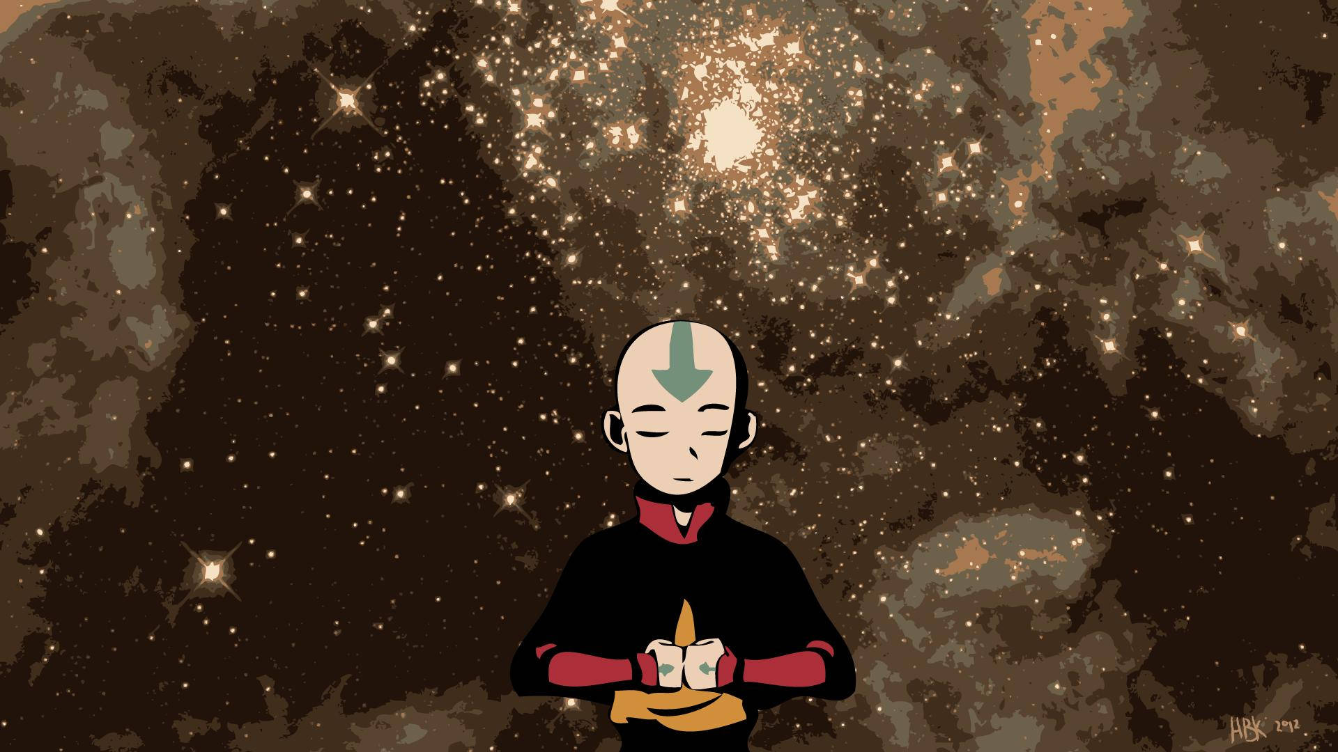 Airbender 桌布 壁紙 — 一個光頭動畫男孩，頭上有綠色箭頭刺青，在閃爍的星空下平靜地冥想。