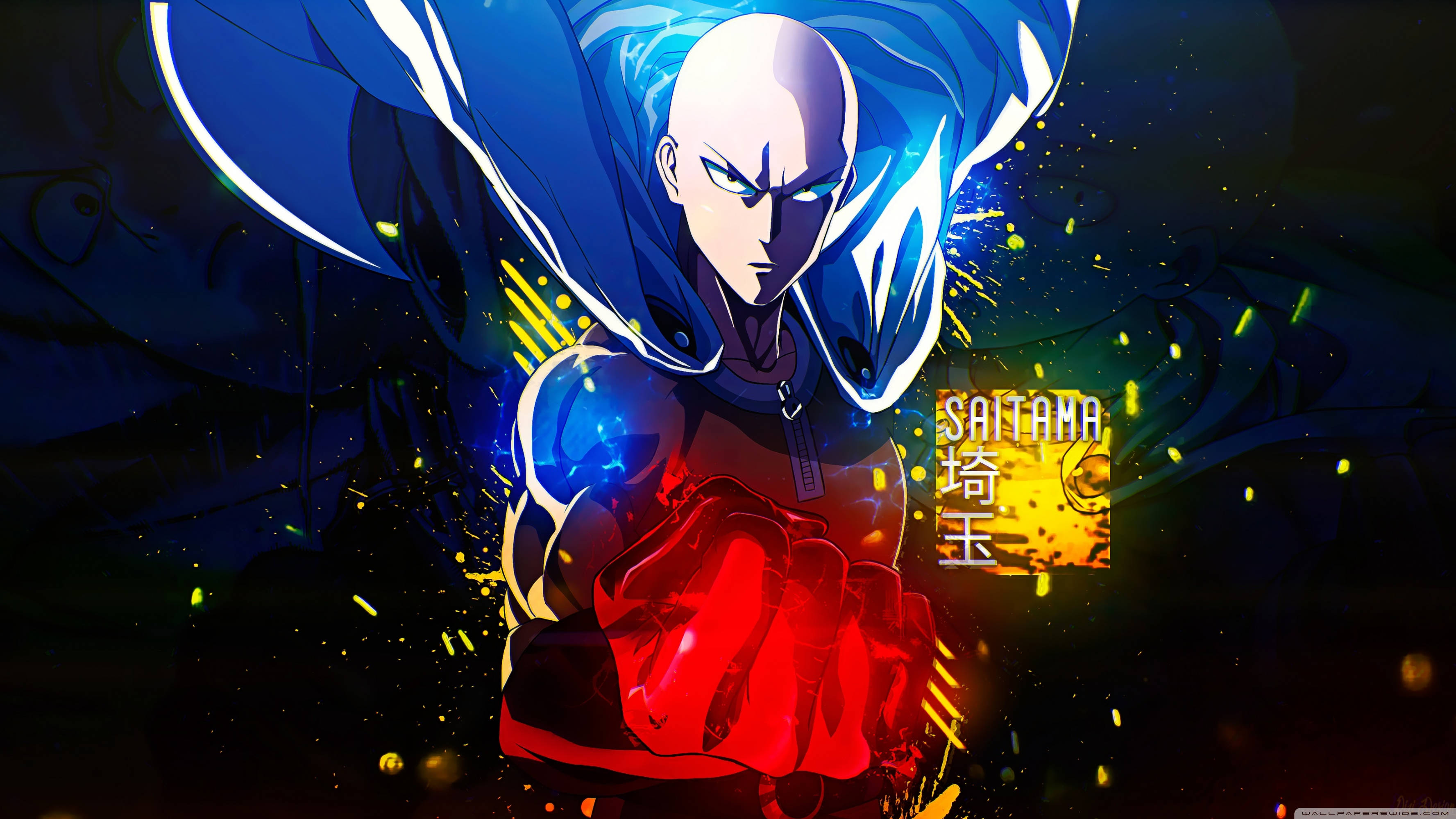 Saitama 桌布 壁紙 — 一個光頭動畫英雄，擁有發光的藍色眼睛和飄逸的斗篷，在黑暗的宇宙背景下握緊火紅的拳頭。