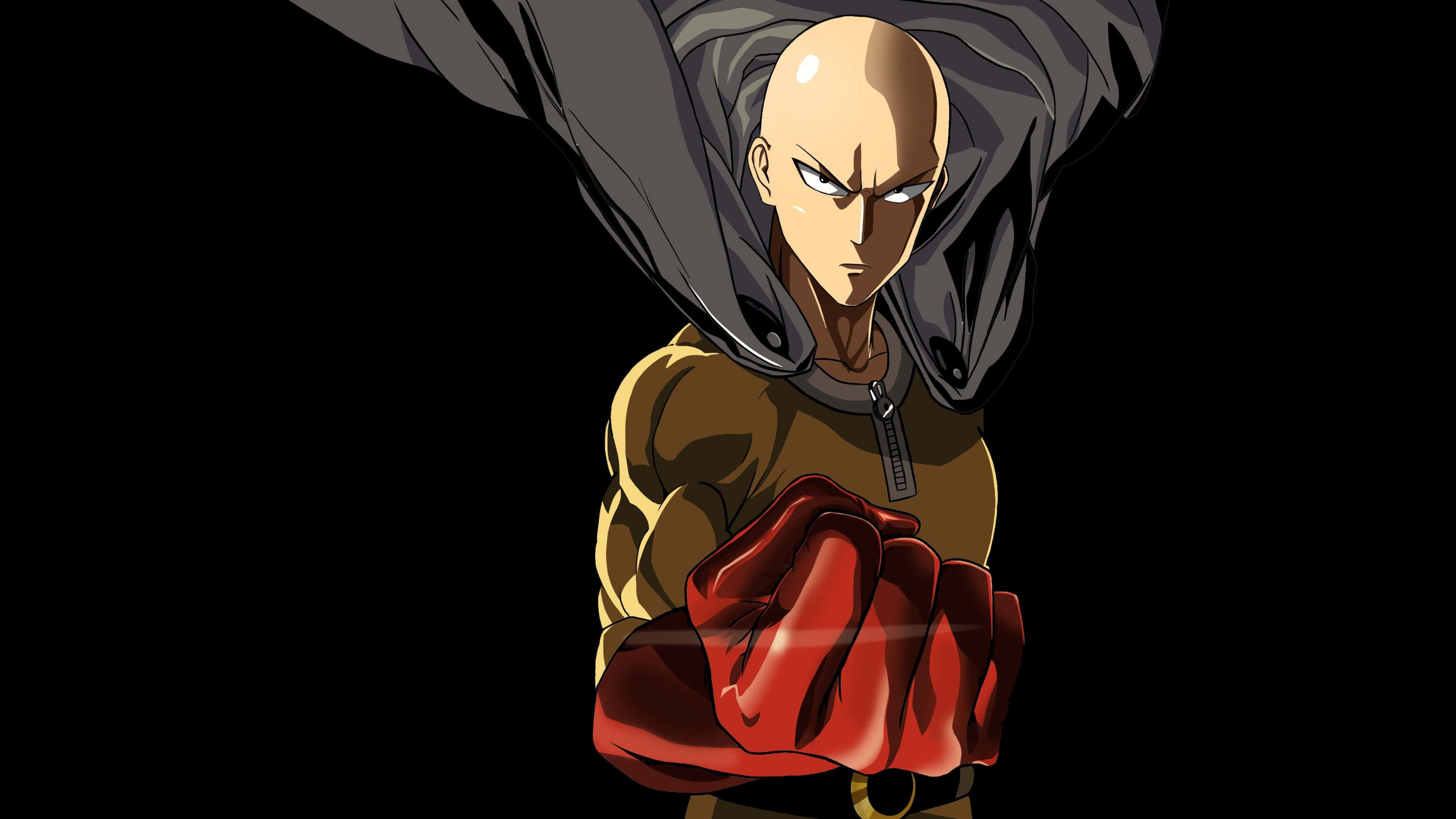 One Punch Man Minimalist 桌布 壁紙 — 一個光頭動畫英雄，身穿棕色襯衫和紅色手套，背後飄揚著黑色斗篷，站在黑色背景前。