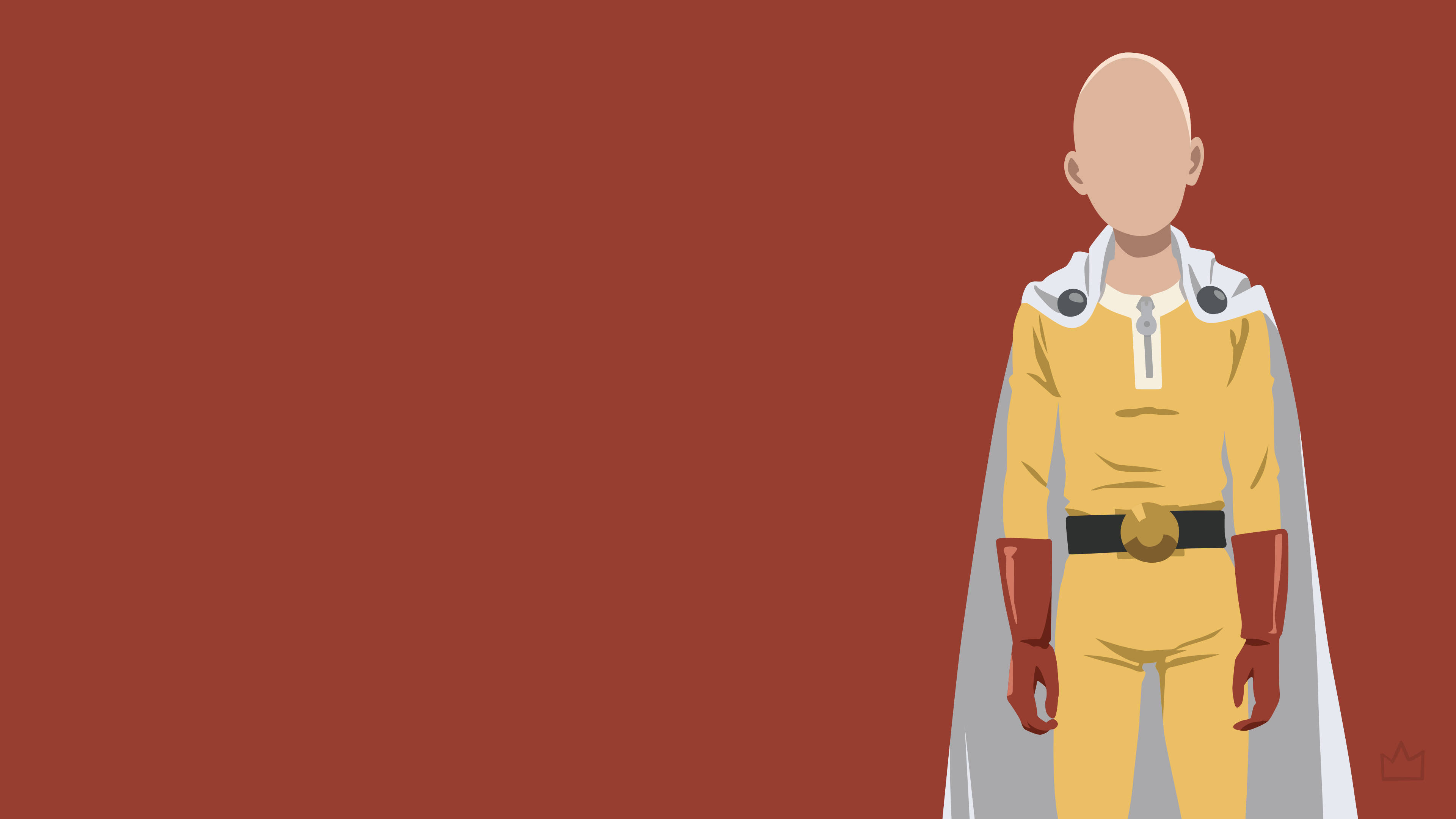Saitama 桌布 壁紙 — 一個光頭動畫英雄，身穿黃色西裝和白色披風，站在純紅色背景前。