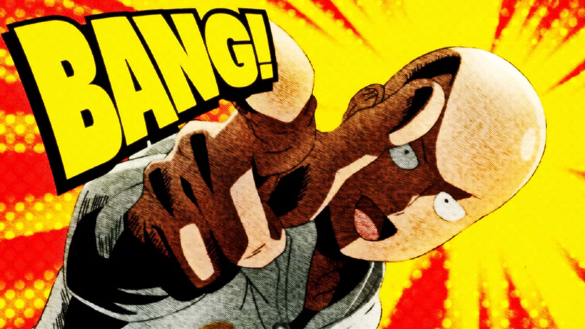One Punch Man Season 2 桌布 壁紙 — 一個光頭動畫英雄向前揮拳，帶有爆炸性能量，背景是火熱的黃色和紅色。