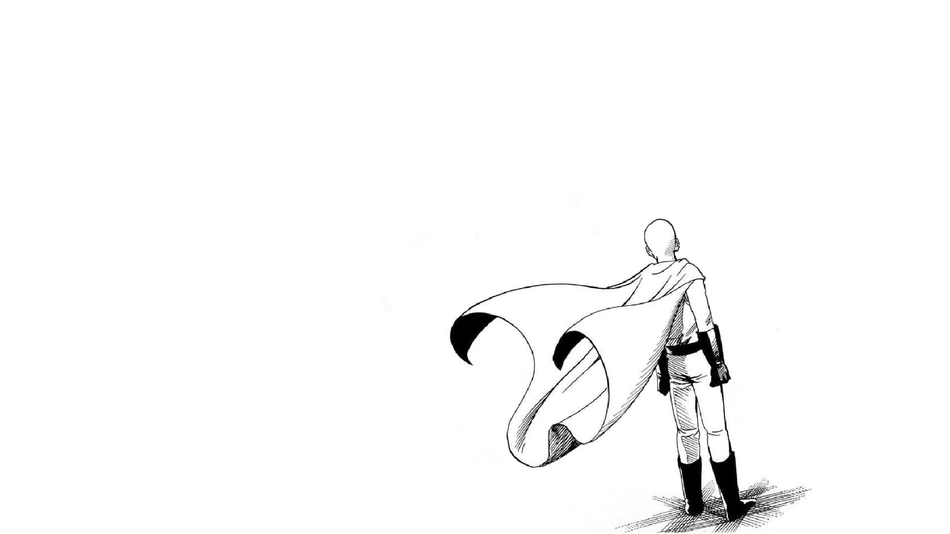 One Punch Man Minimalist 桌布 壁紙 — 一個光頭動畫英雄披著飄逸斗篷，背對畫面，以堅定的姿態獨自站在純白背景前。