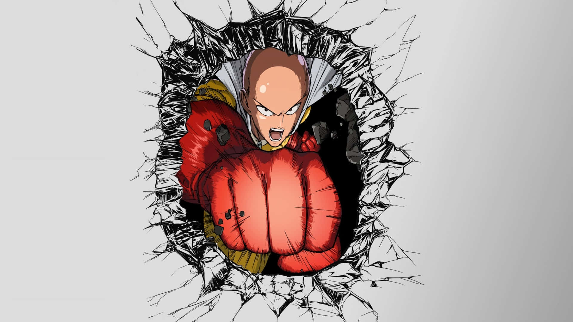 One Punch Man Minimalist 桌布 壁紙 — 一個光頭動畫英雄穿著紅色西裝，一拳打穿牆壁，碎片四處飛散。
