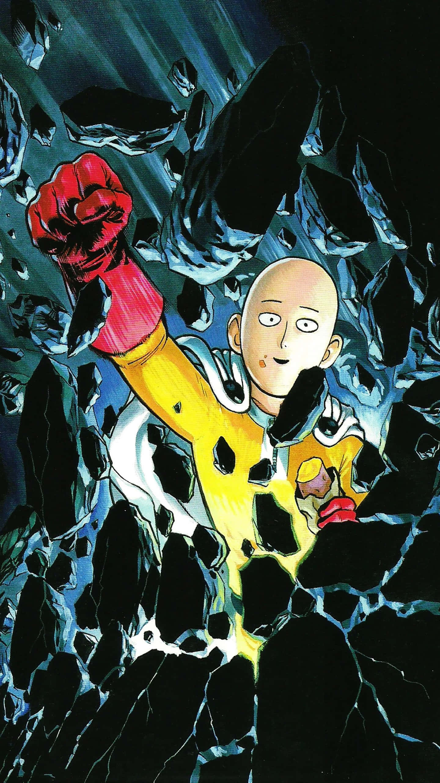 One Punch Man Season 2 桌布 壁紙 — 一個光頭動畫英雄穿著黃色西裝，用發光的能量擊穿黑暗岩石。