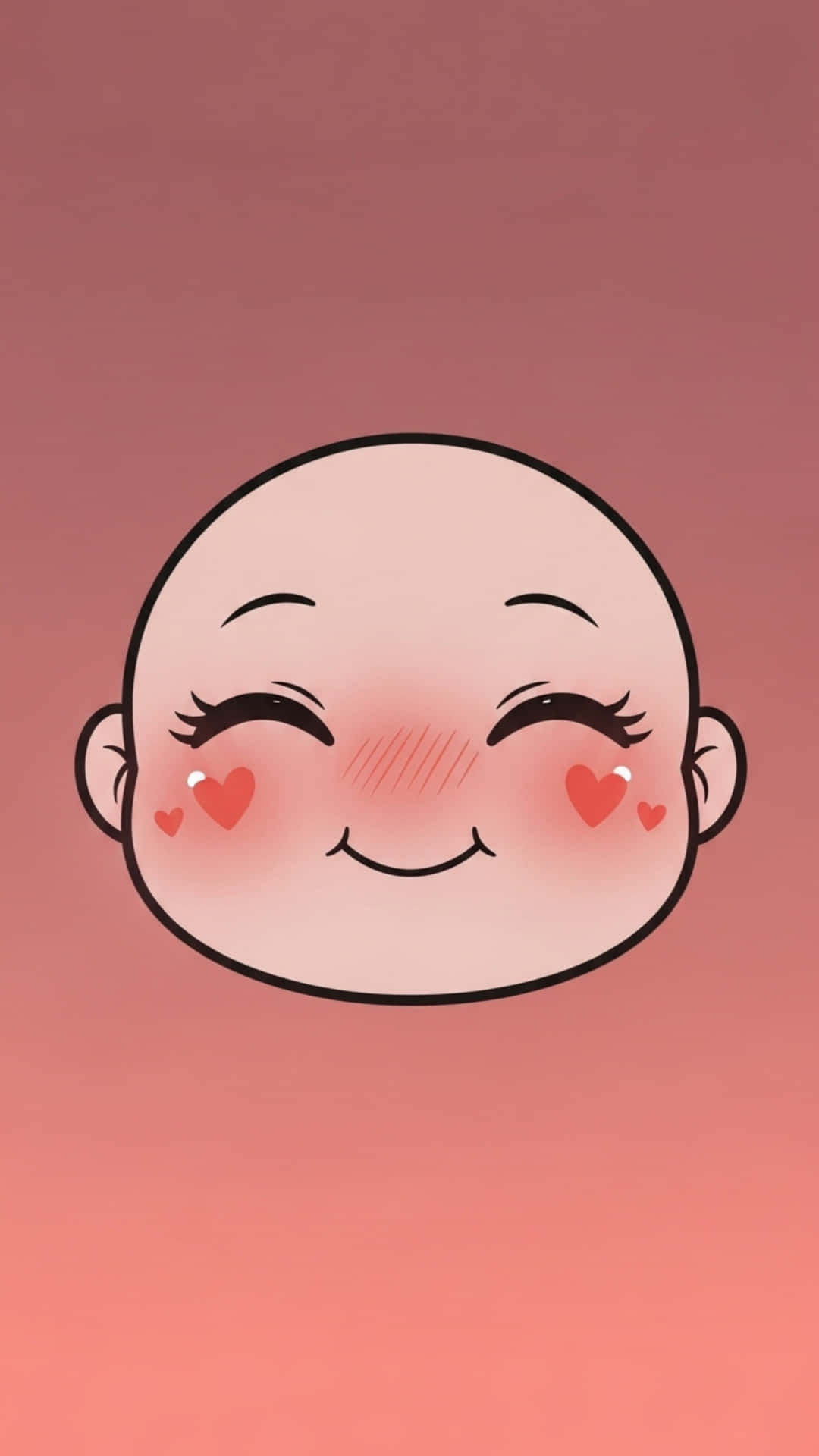 Smiling Chibi Face with Heart Blush Marks, Dusty Rose Gradient Background 壁紙 — 一個光頭卡通嬰兒臉，閉著眼睛，臉頰有愛心紅暈，在柔和的粉紅色漸變背景上微笑。
