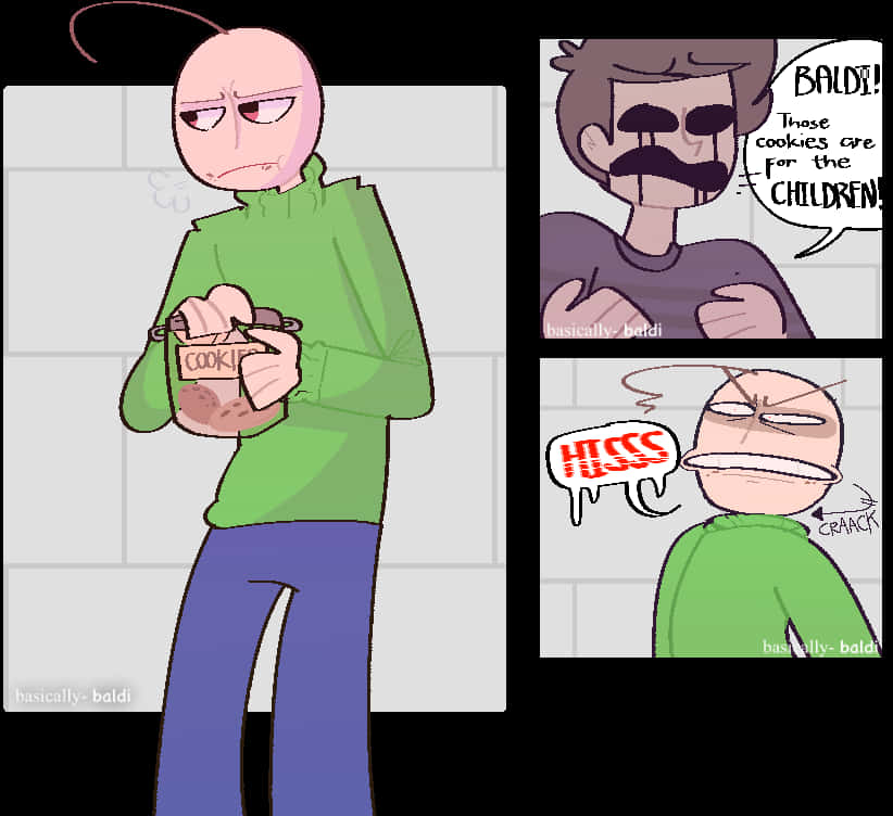 Baldi 桌布 壁紙 — 一個光頭卡通男人穿著綠色襯衫拿著一罐餅乾，而一個留鬍子的男人大喊「Baldi！那些餅乾是給孩子們的！」還有一個發出嘶嘶聲的光頭男人咬緊牙關。