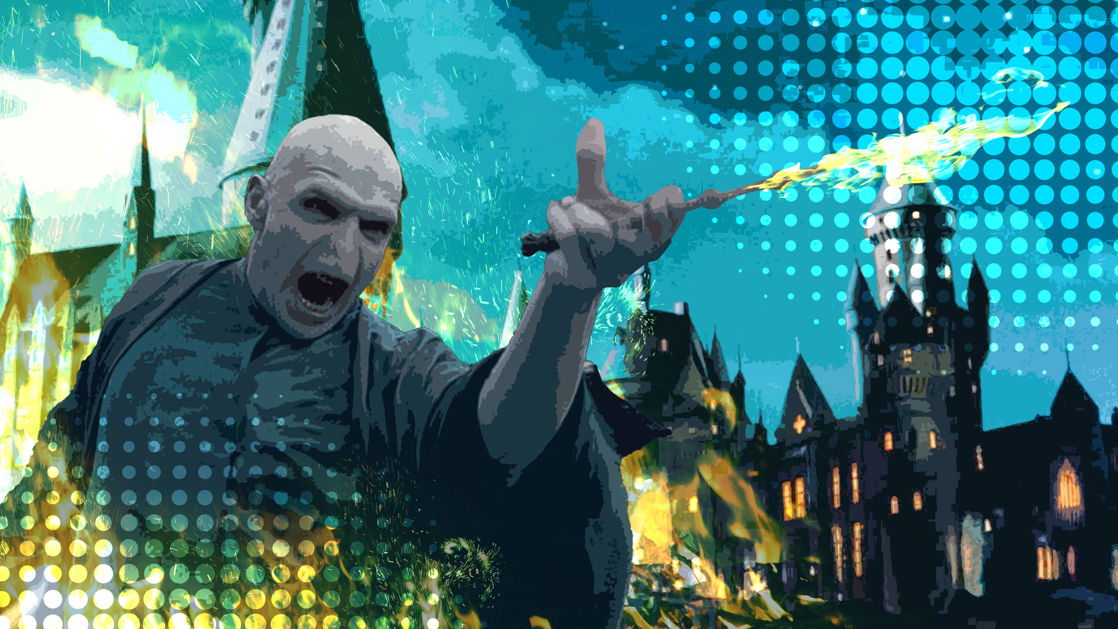 Hogwarts Aesthetic 桌布 壁紙 — 一個光頭反派在青綠色天空下，對著哥德式城堡施放火焰咒語時尖叫，背景有半色調點。