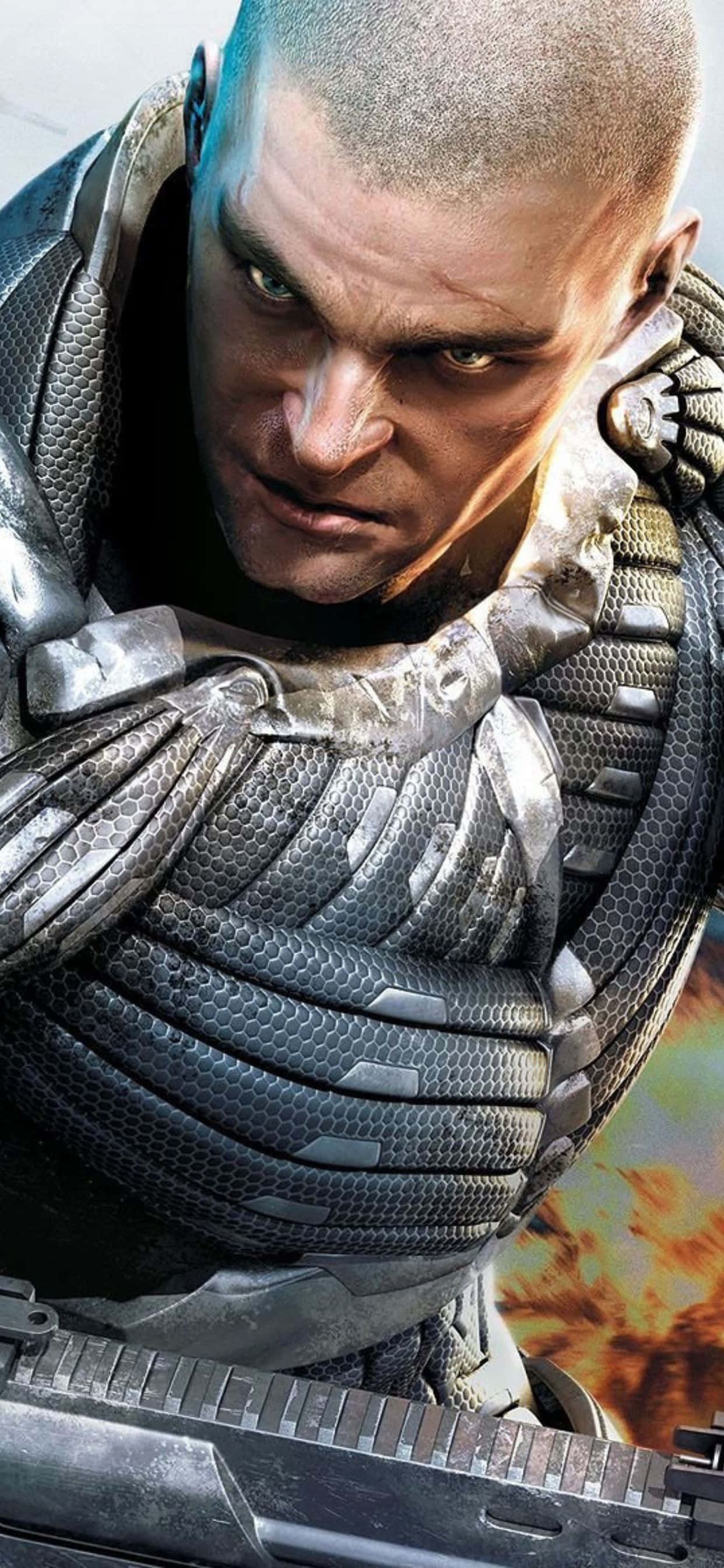 iPhone Xs Max Crysis Warhead 桌布 壁紙 — 一個光頭士兵的近距離特寫，身穿精細的金屬盔甲，眼睛發光，手持武器，背景是熾熱的爆炸。
